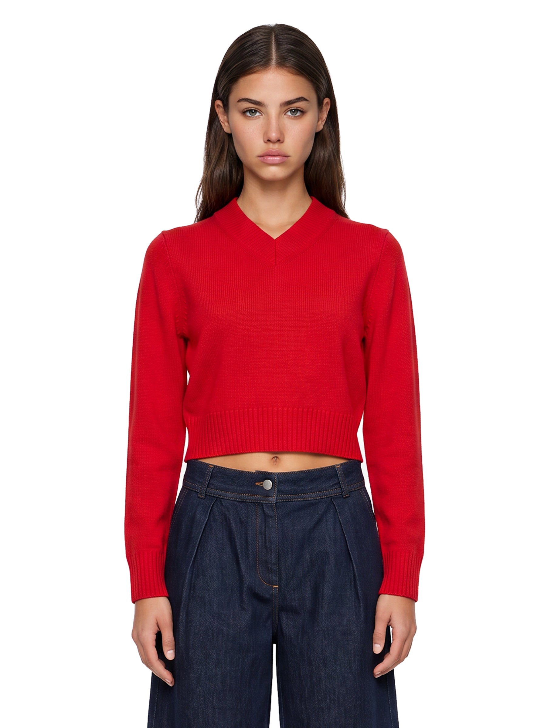 Maglione corto con colletto a V  in rosso 