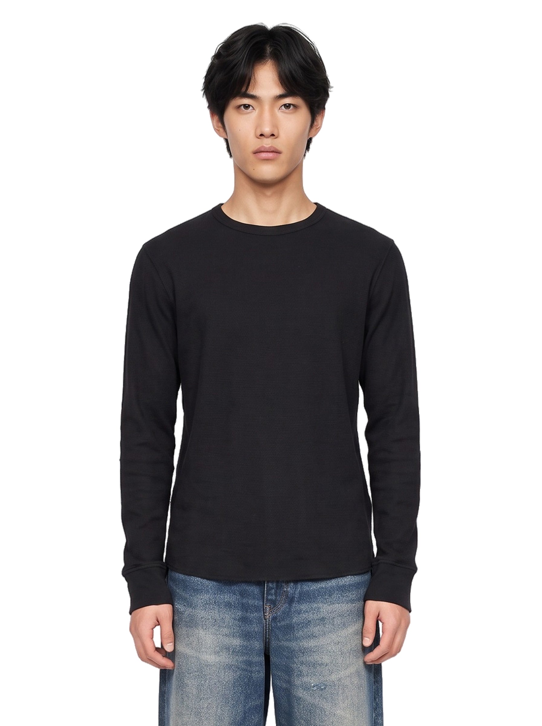 T-shirt Waffle a maniche lunghe in nero 