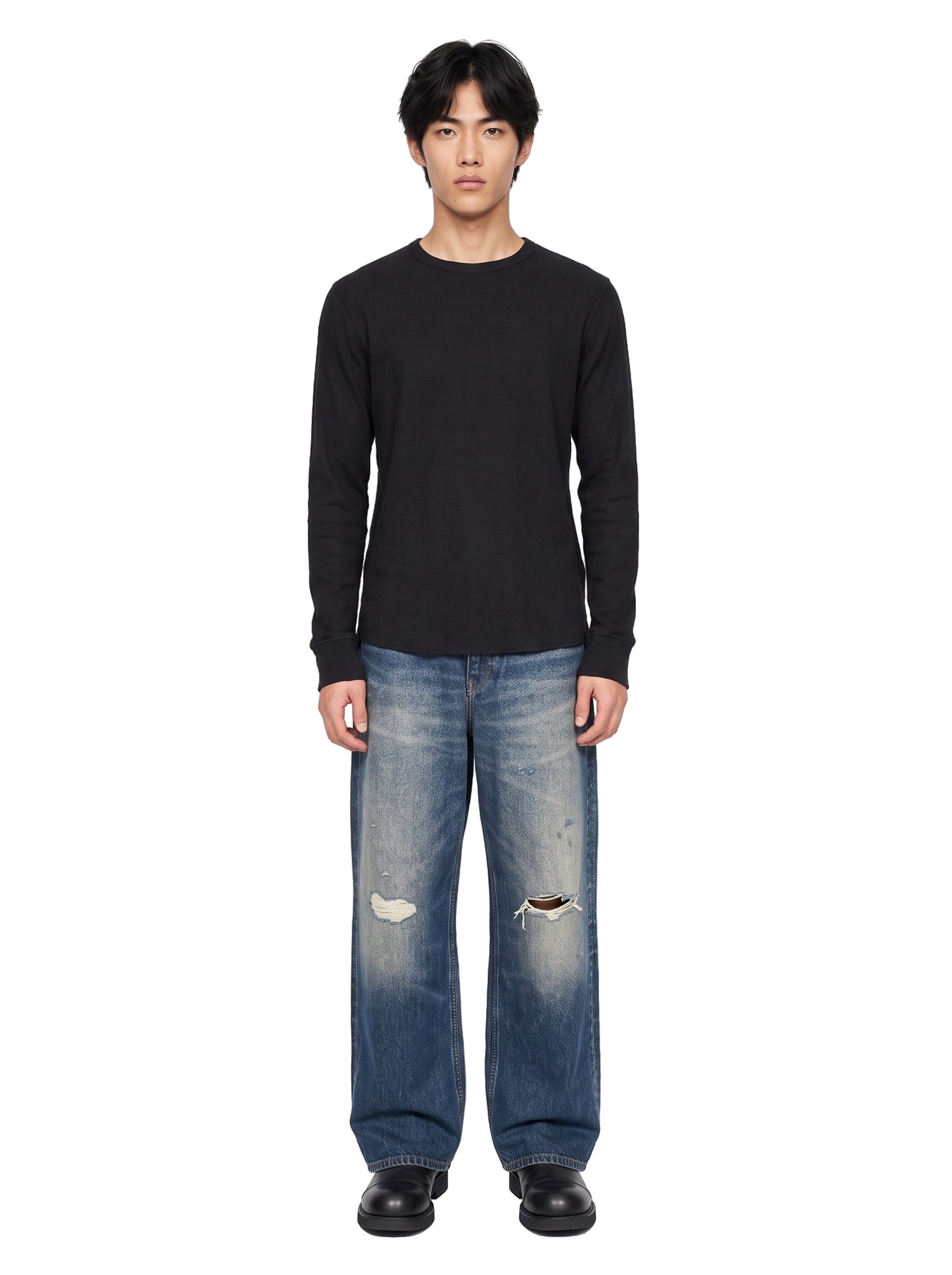 T-shirt Waffle a maniche lunghe in nero 