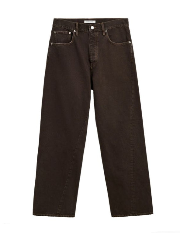 Jeans a gamba larga in marrone 