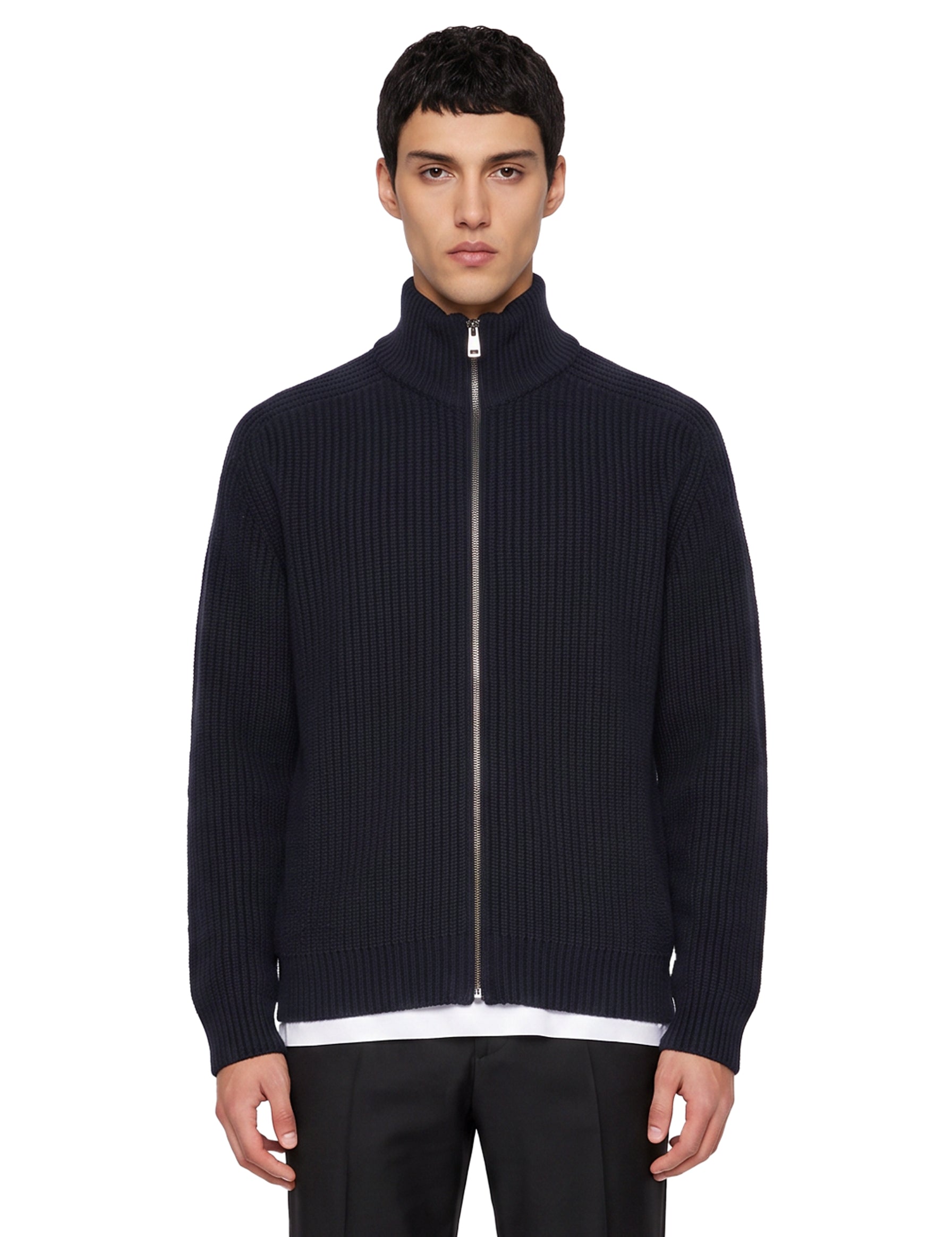 Cardigan a coste in maglia con zip in blu 