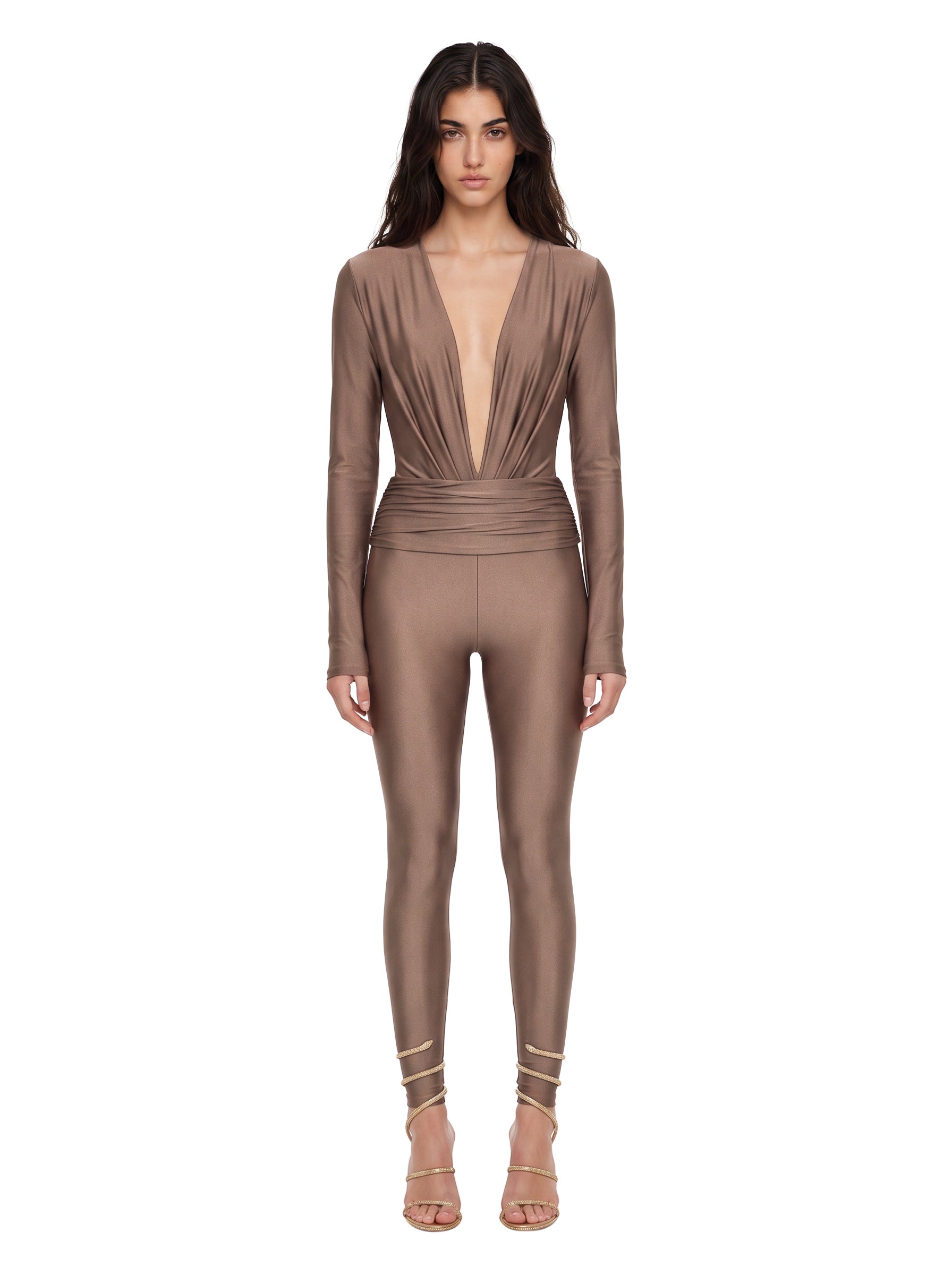 Leggings a vita alta con finitura lucida vicky in beige 