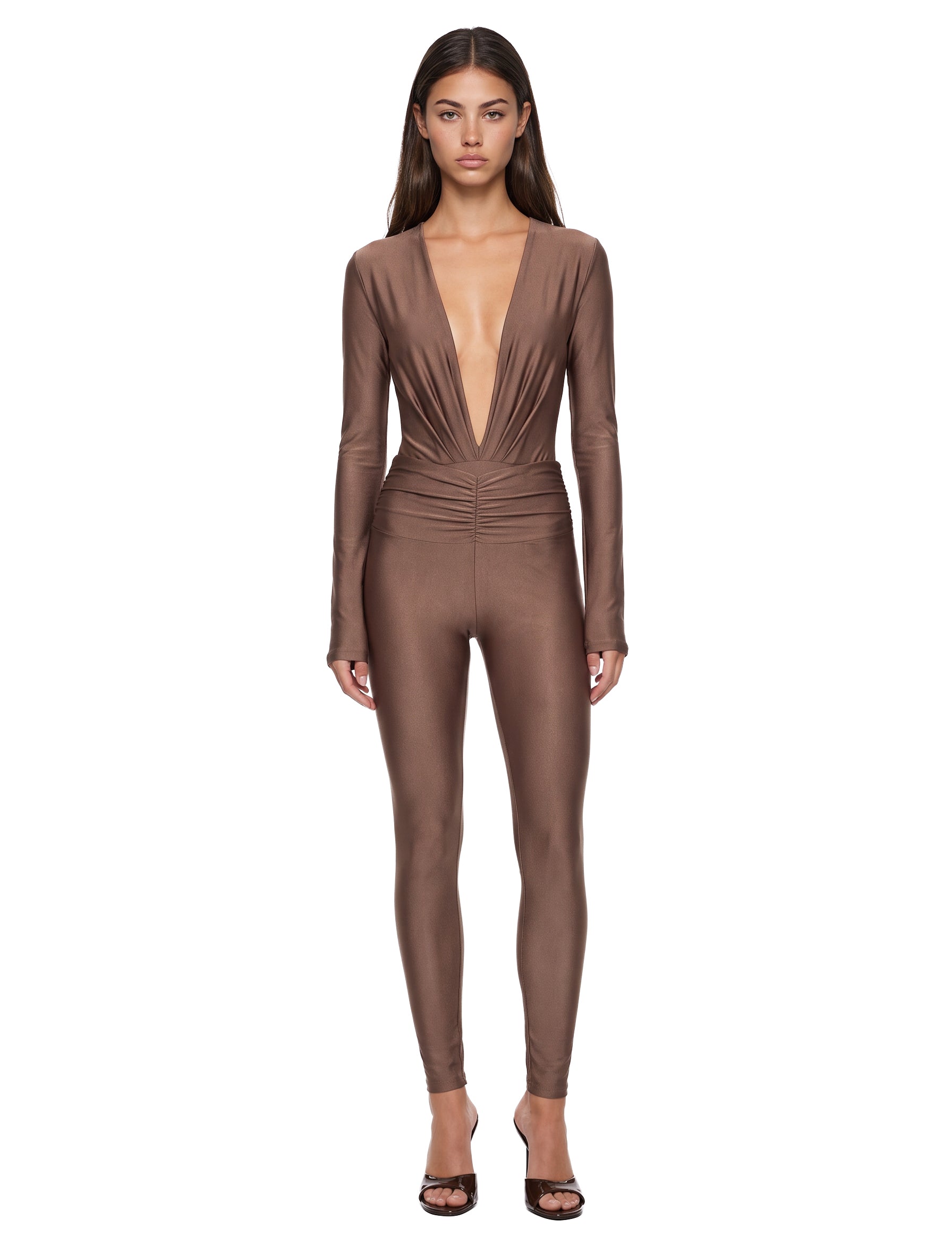 Leggings a vita alta con finitura lucida vicky in beige 