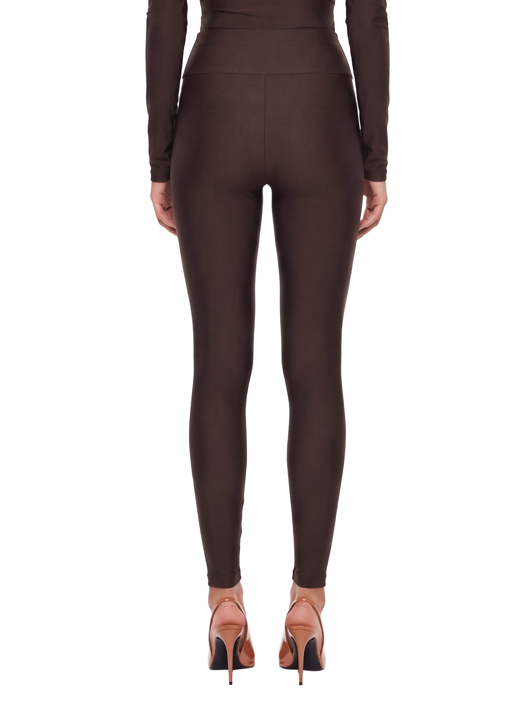 Leggings a vita alta con finitura lucida vicky in marrone 