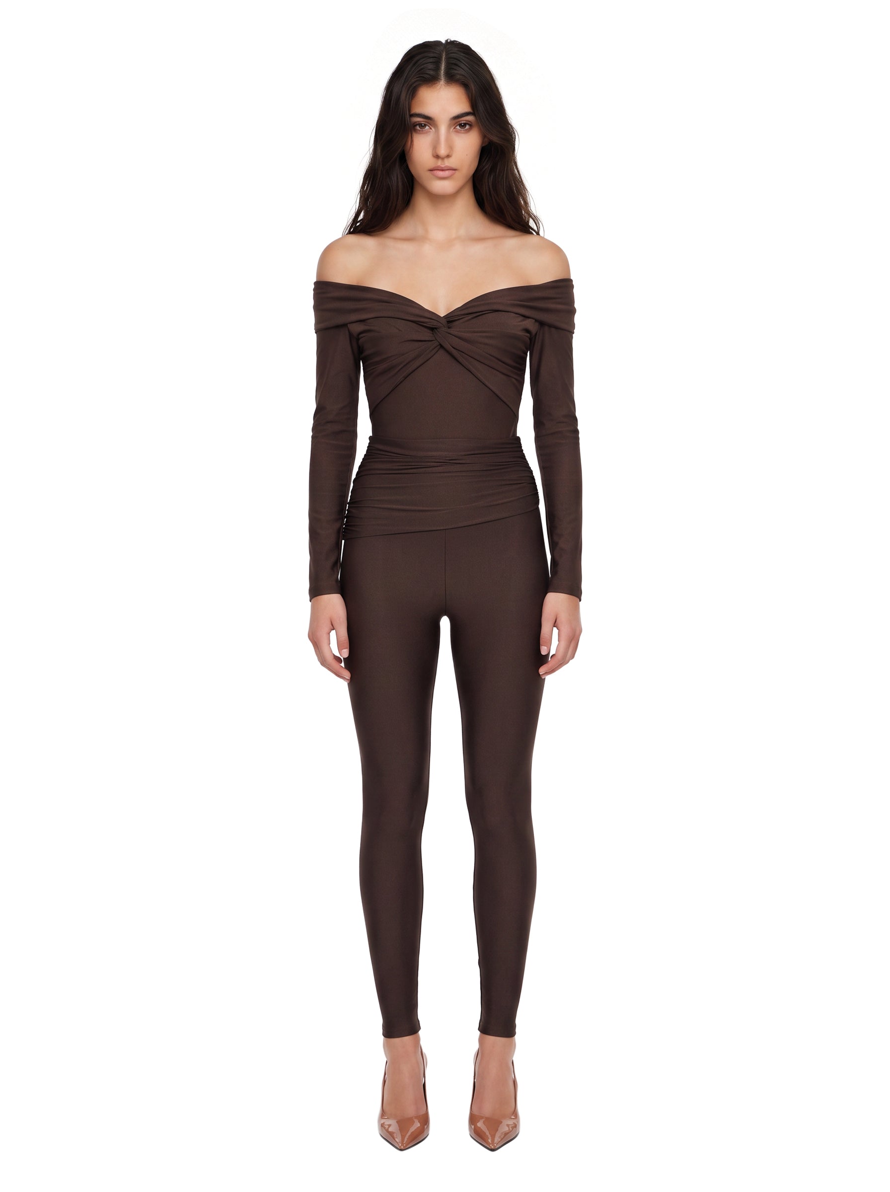 Leggings a vita alta con finitura lucida vicky in marrone 