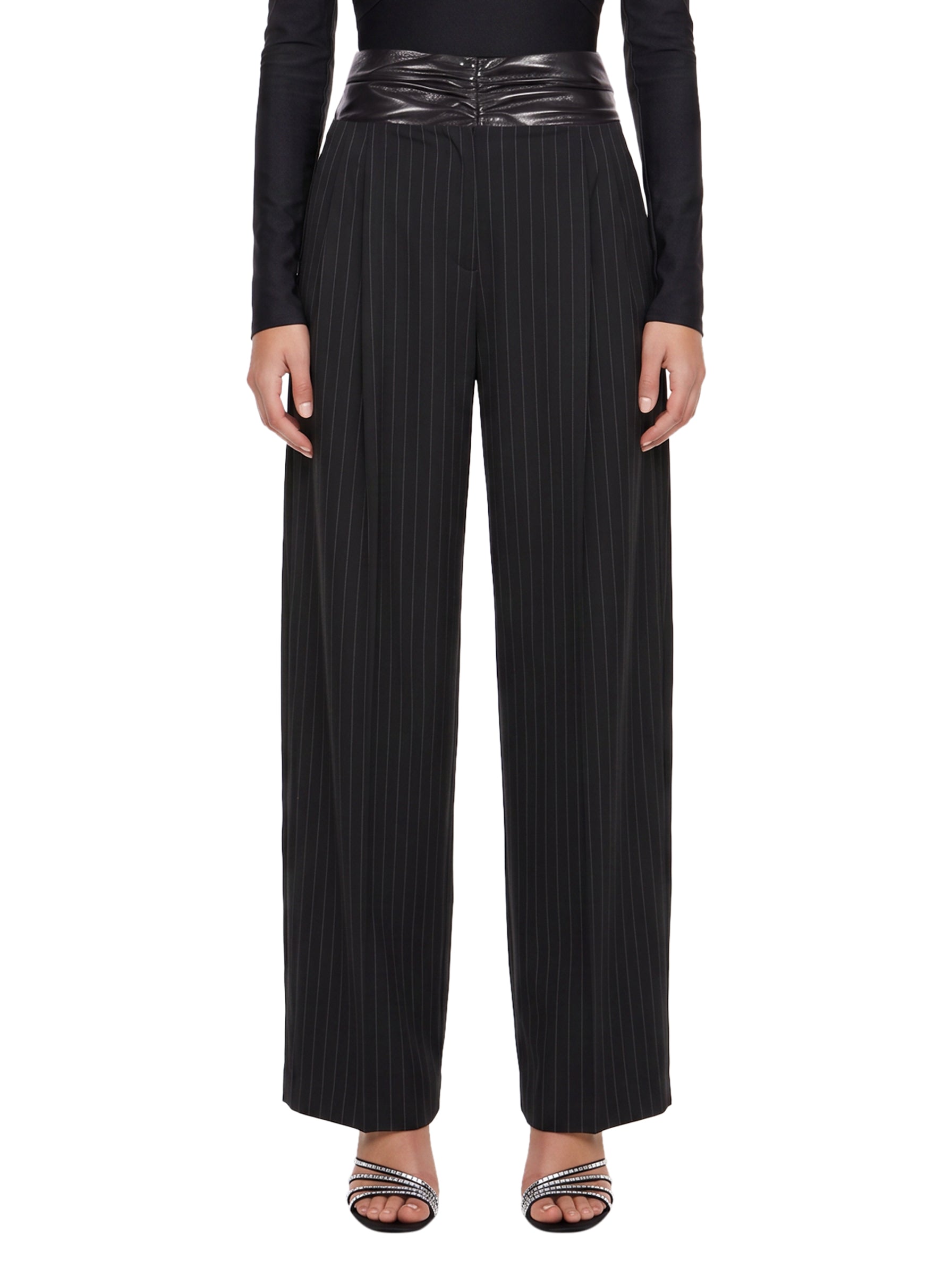 Pantaloni Astra a righe con dettaglio in eco pelle in nero 