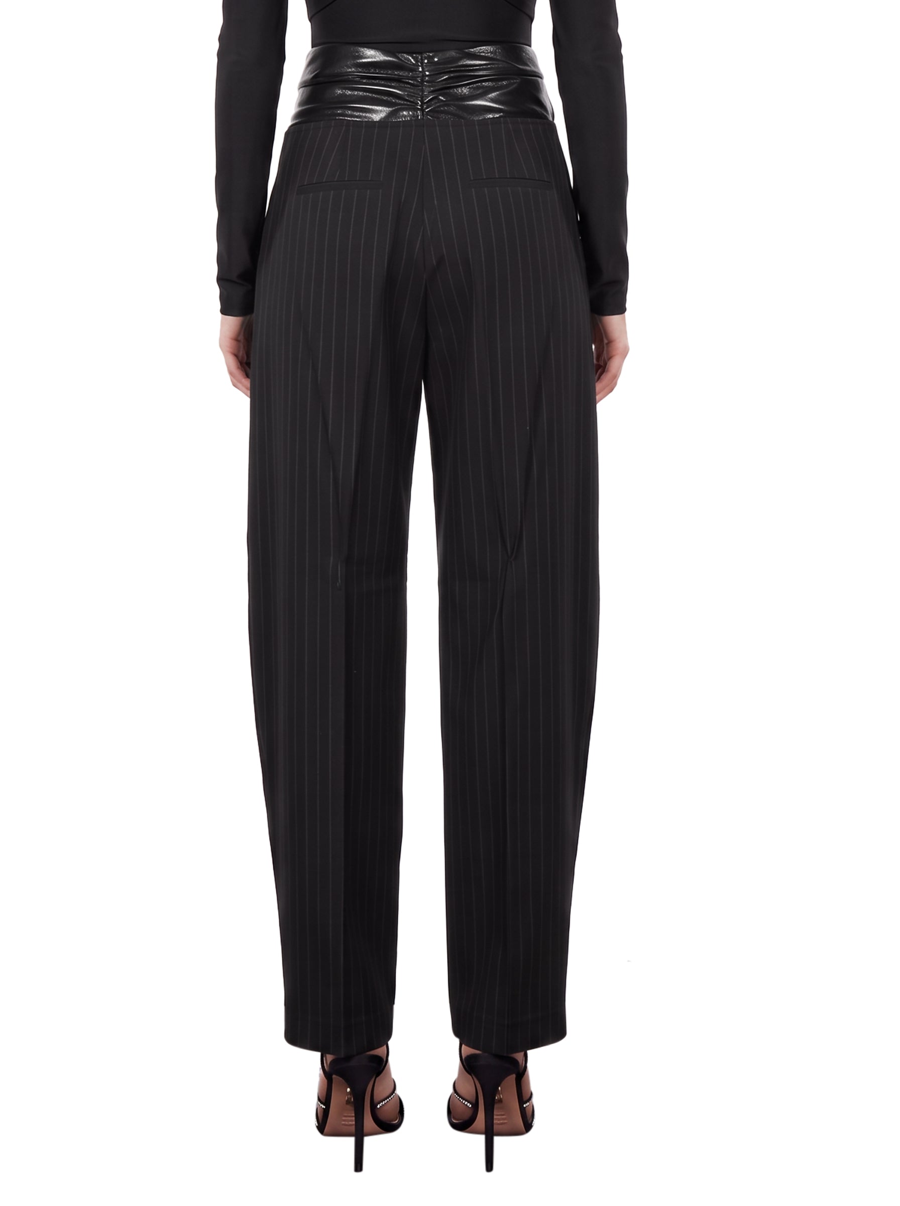 Pantaloni Astra a righe con dettaglio in eco pelle in nero 