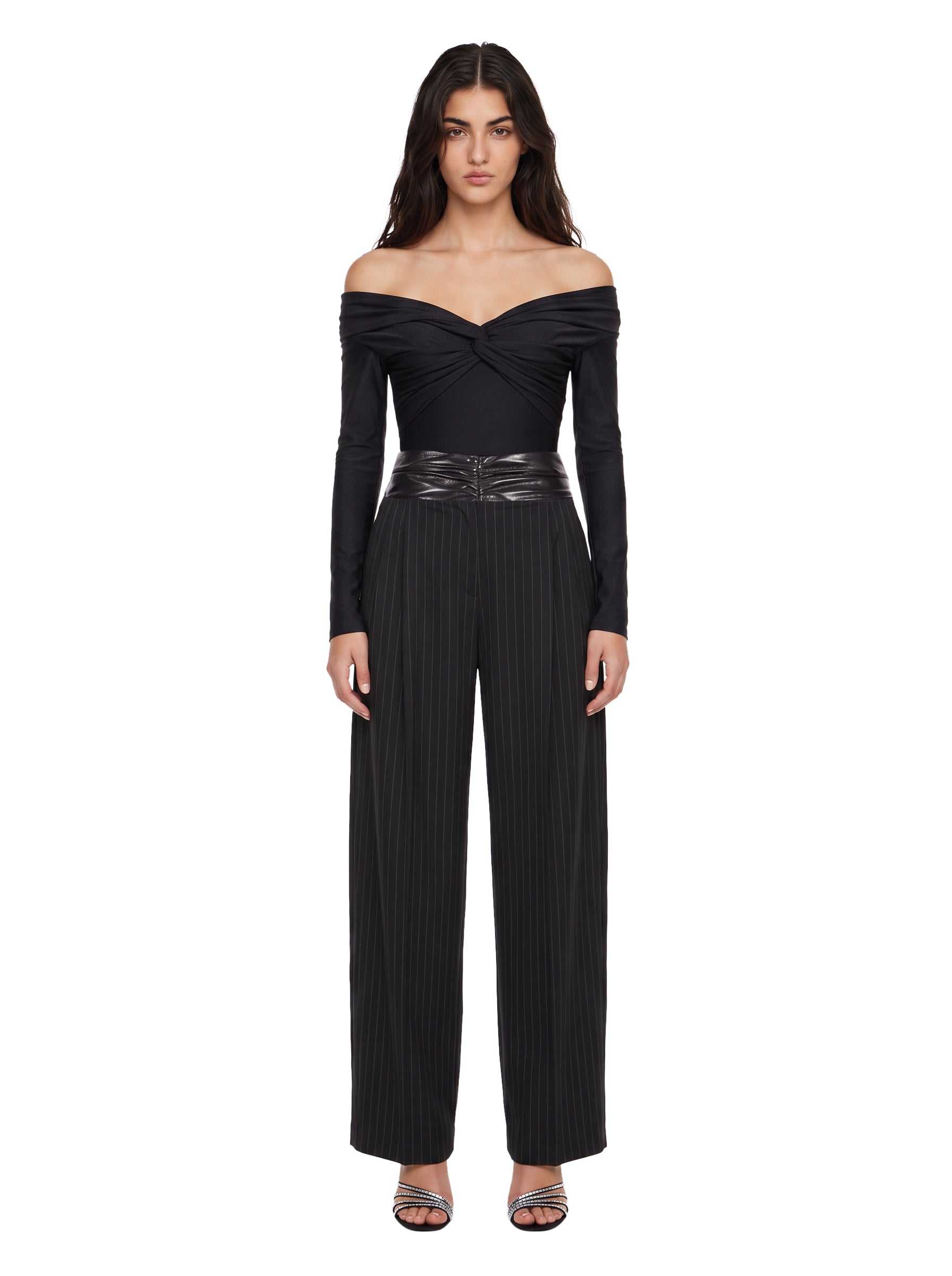 Pantaloni Astra a righe con dettaglio in eco pelle in nero 