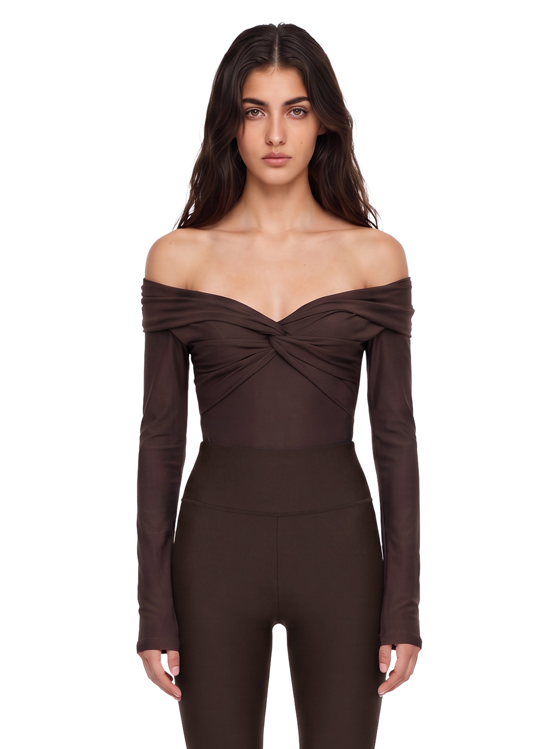 Body senza spalline a maniche lunghe Kendall in marrone 