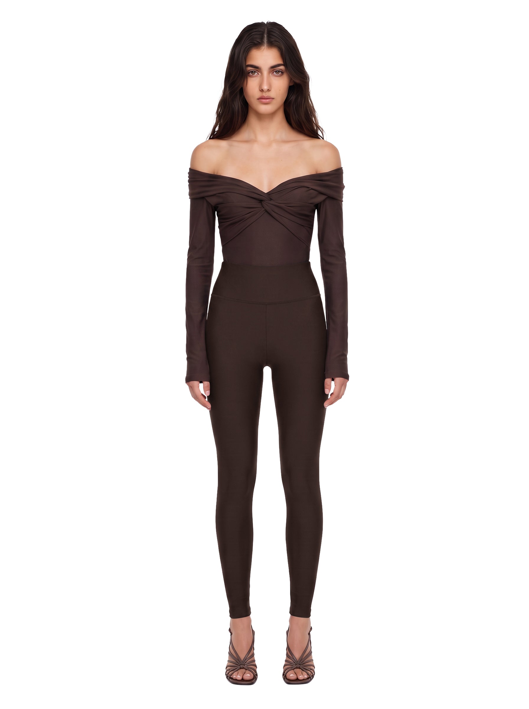 Body senza spalline a maniche lunghe Kendall in marrone 