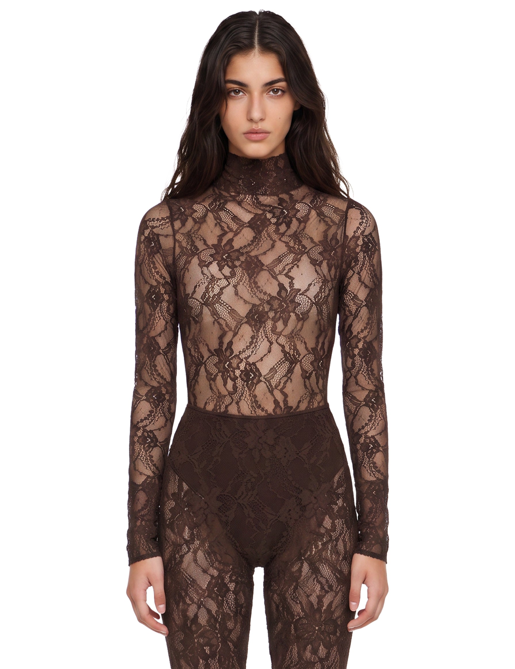 Body in pizzo a collo alto Ziggy in marrone 