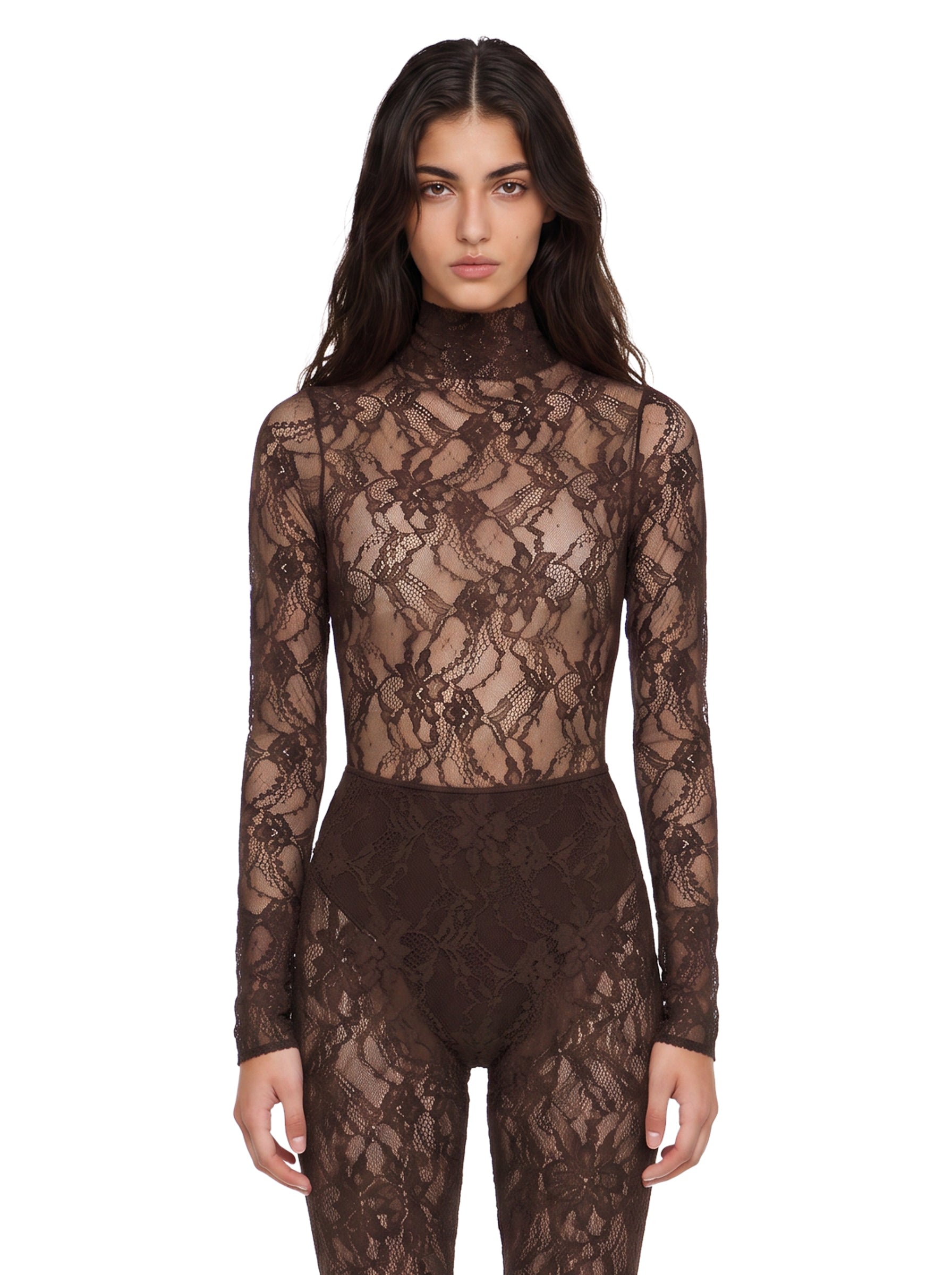 Body in pizzo a collo alto Ziggy in marrone 