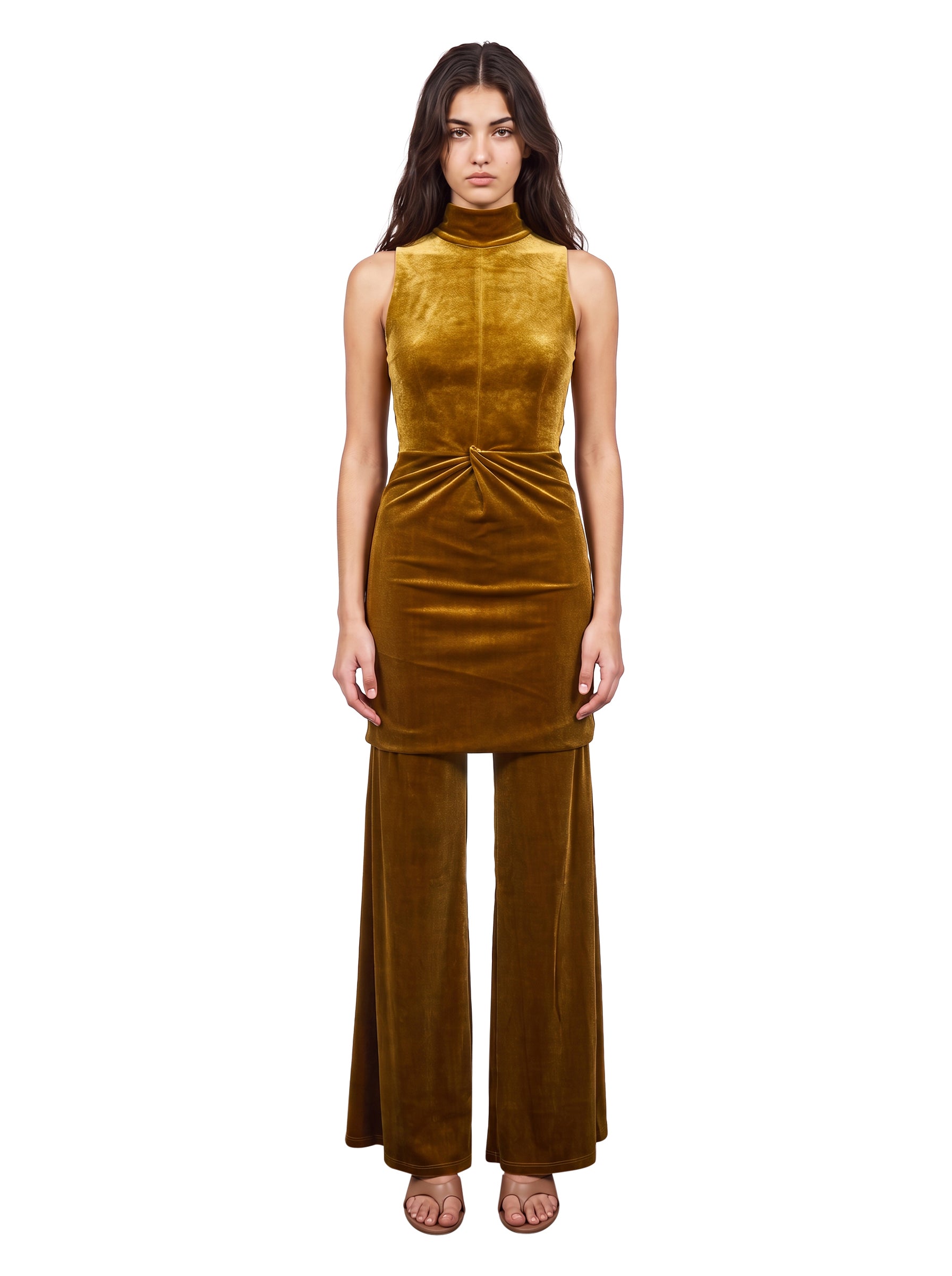 Body con scollo all'americana effetto velluto in giallo 