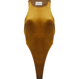 Body con scollo all'americana effetto velluto in giallo 