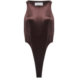 Body con scollo all'americana effetto velluto in marrone 