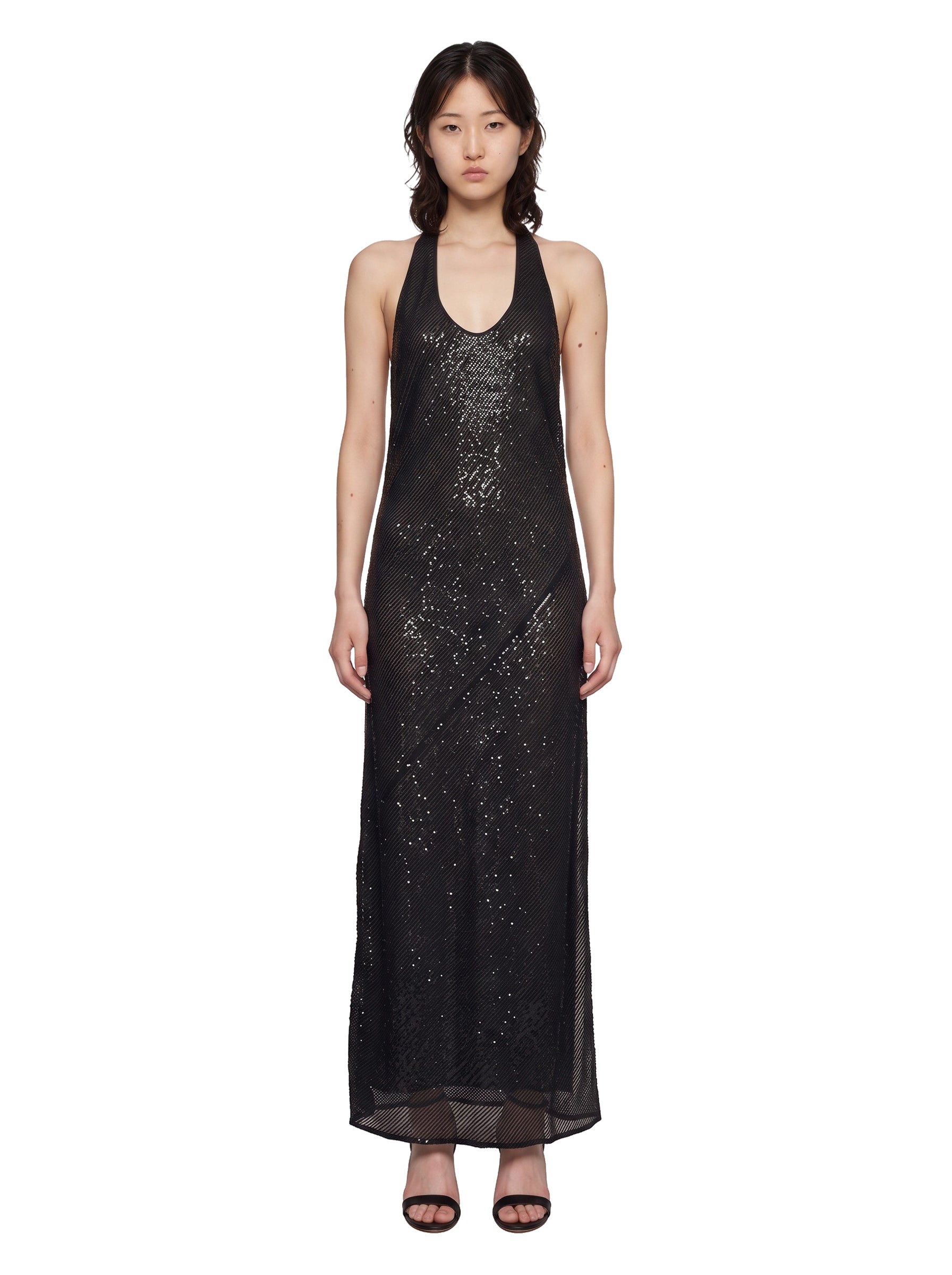 Abito lungo con paillettes in nero 