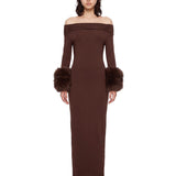 Abito midi con polsini in ecopelliccia marrone 
