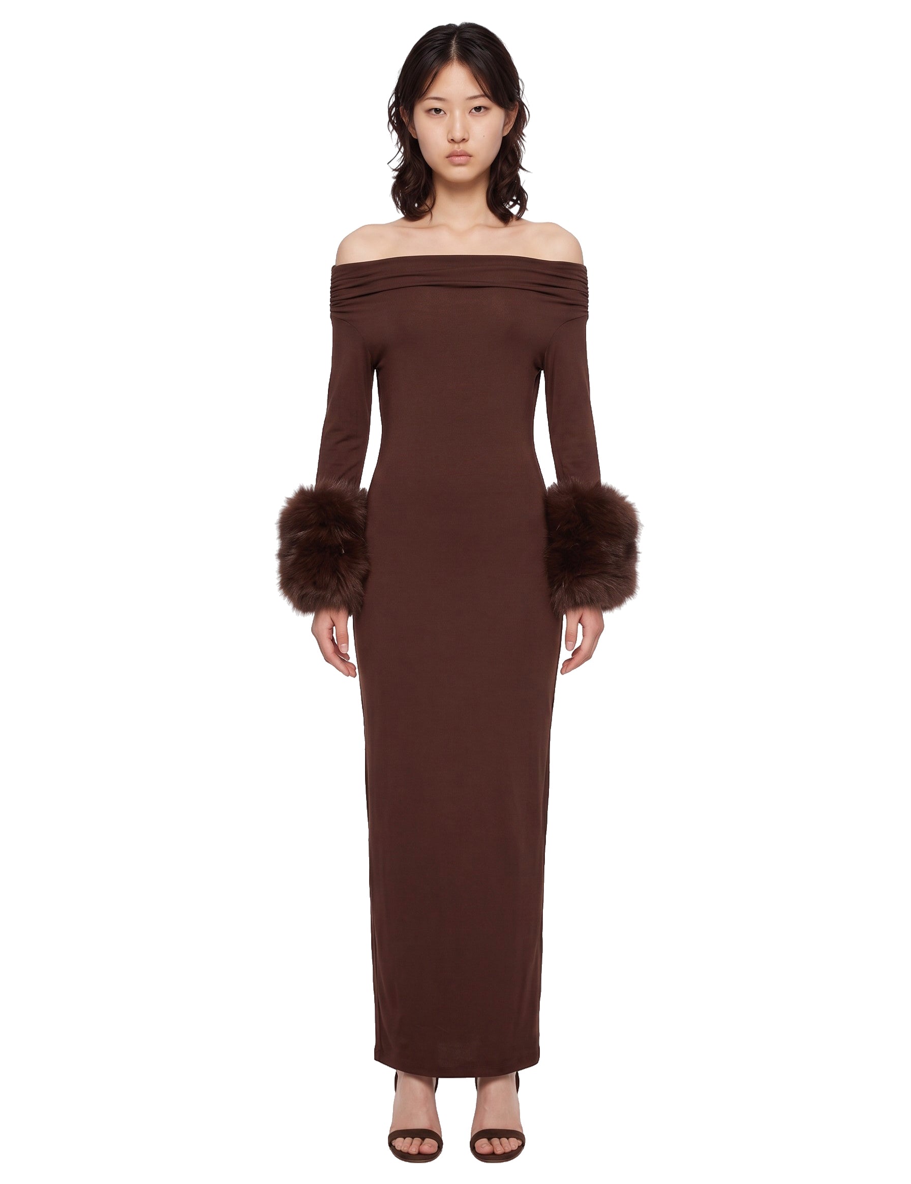 Abito midi con polsini in ecopelliccia marrone 