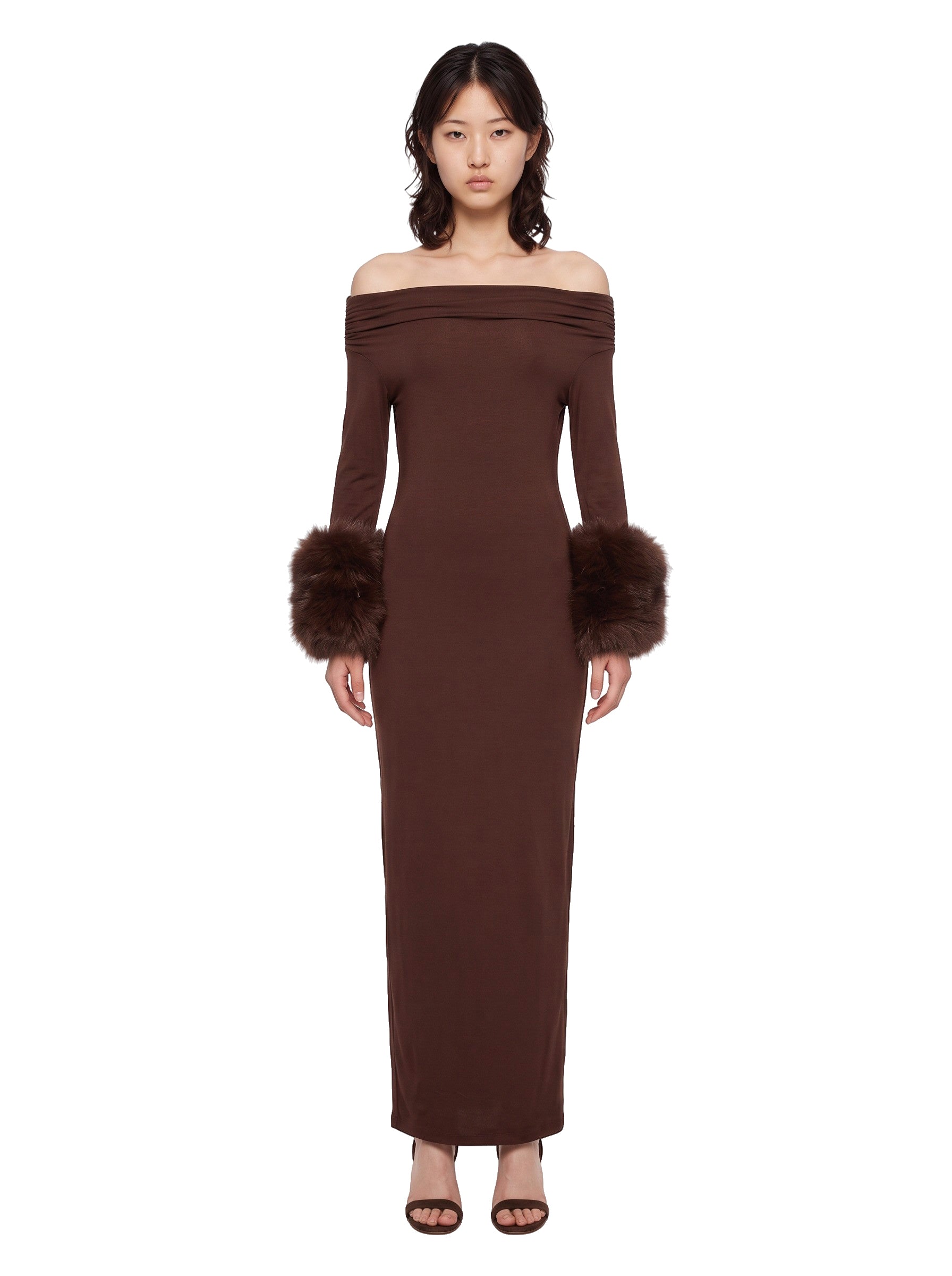 Abito midi con polsini in ecopelliccia marrone 