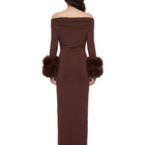 Abito midi con polsini in ecopelliccia marrone 
