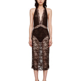 Abito midi Floria in pizzo marrone 