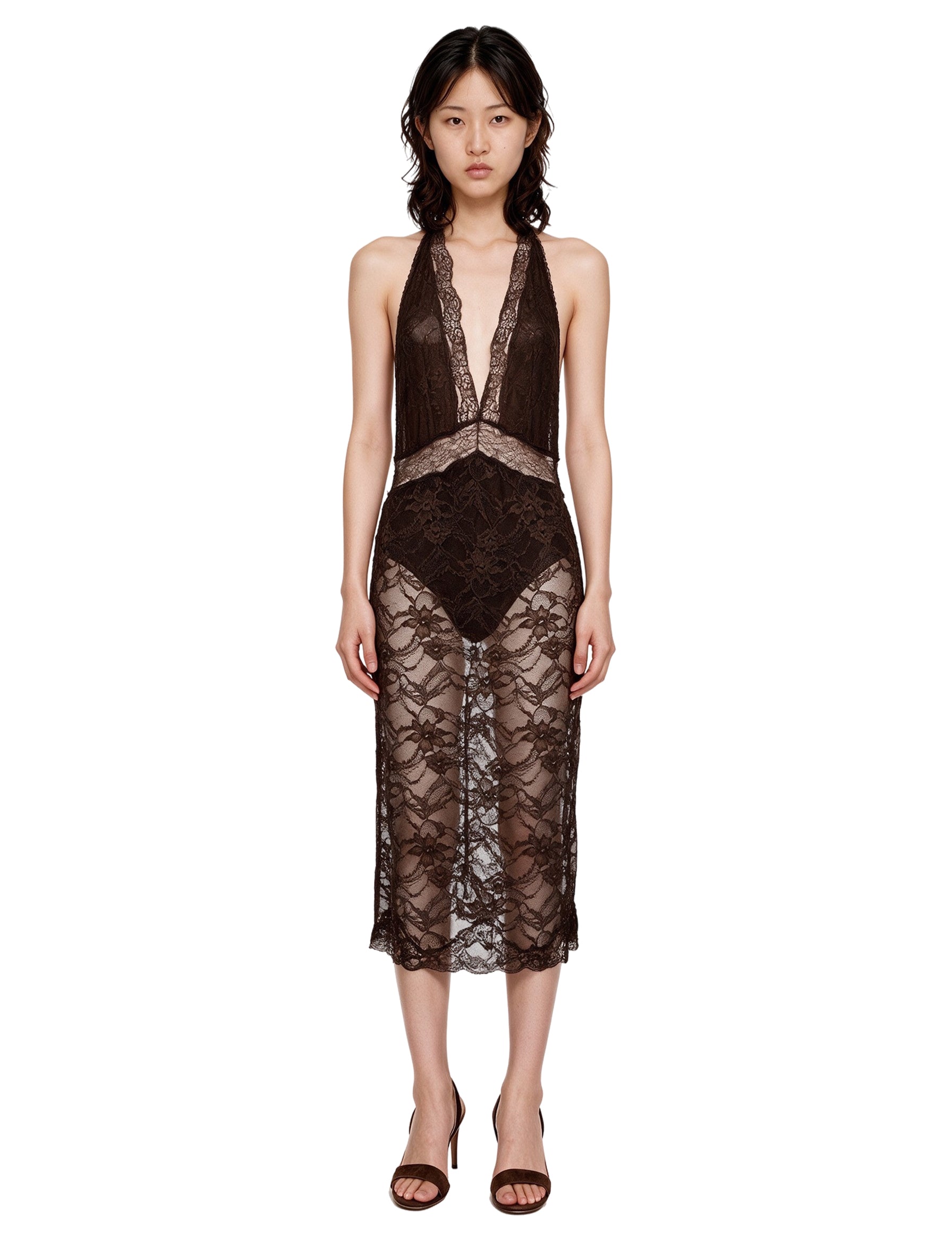 Abito midi Floria in pizzo marrone 