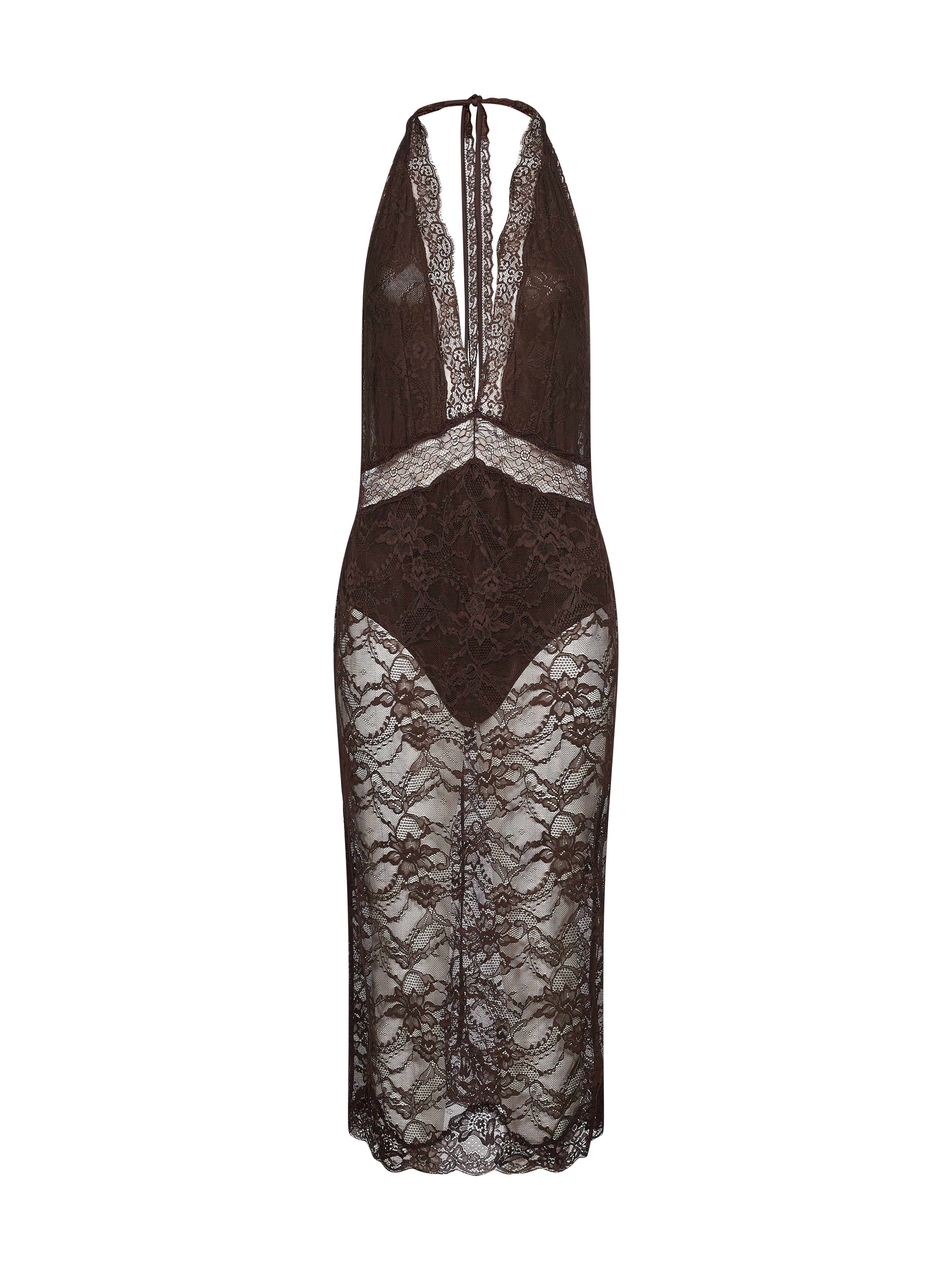 Abito midi Floria in pizzo marrone 