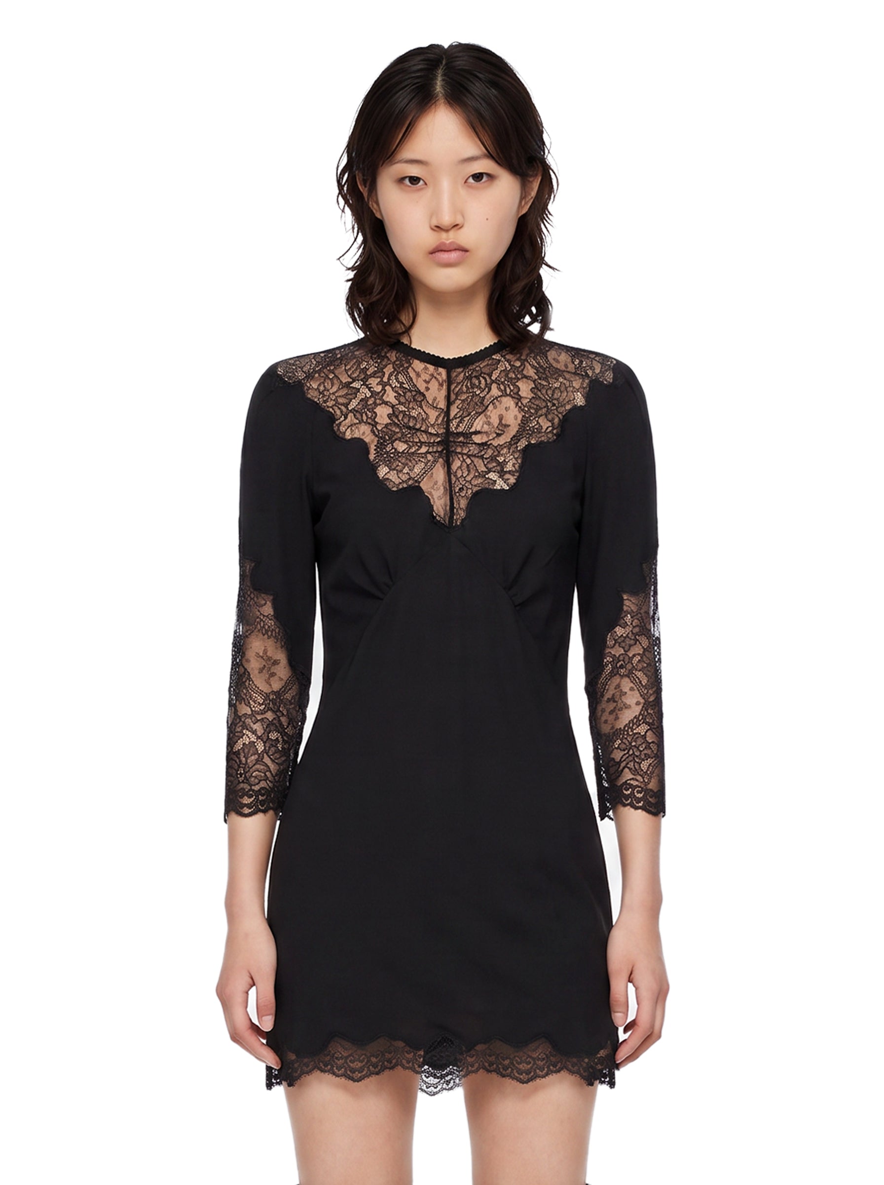 Abito mini con inserti in pizzo in nero 