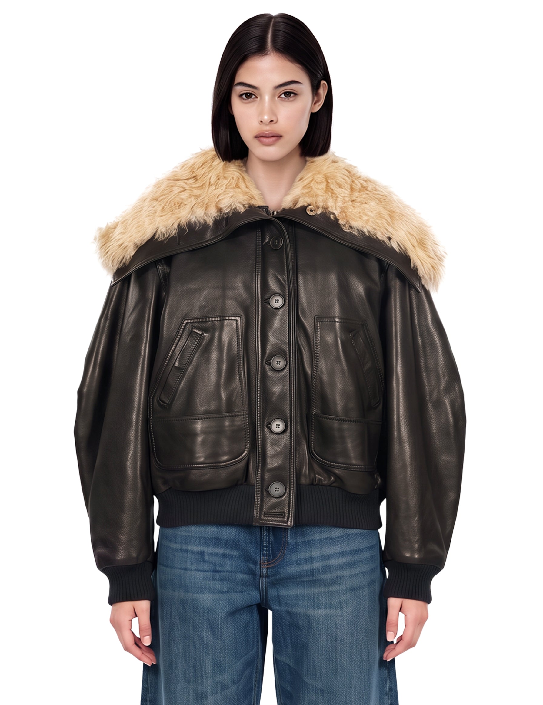 Bomber in pelle lucida marrone 