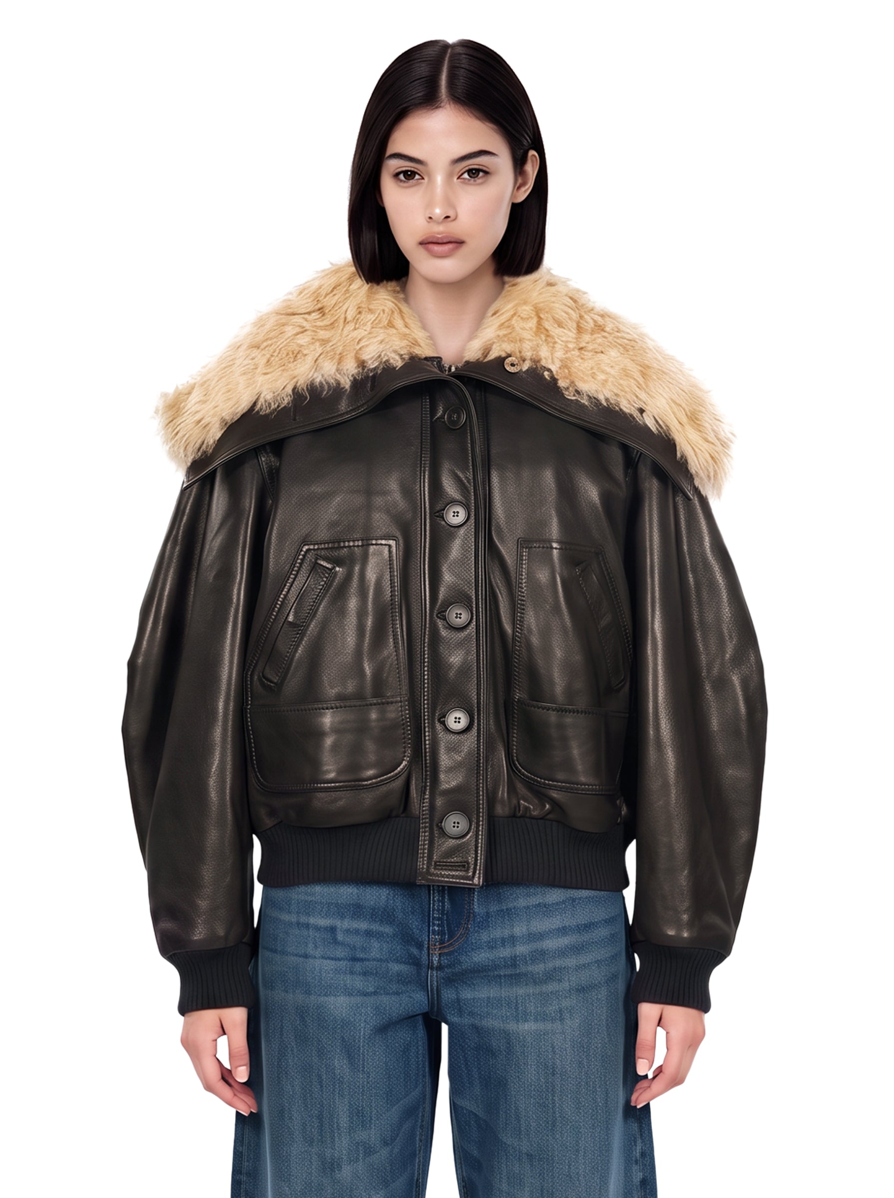 Bomber in pelle lucida marrone 