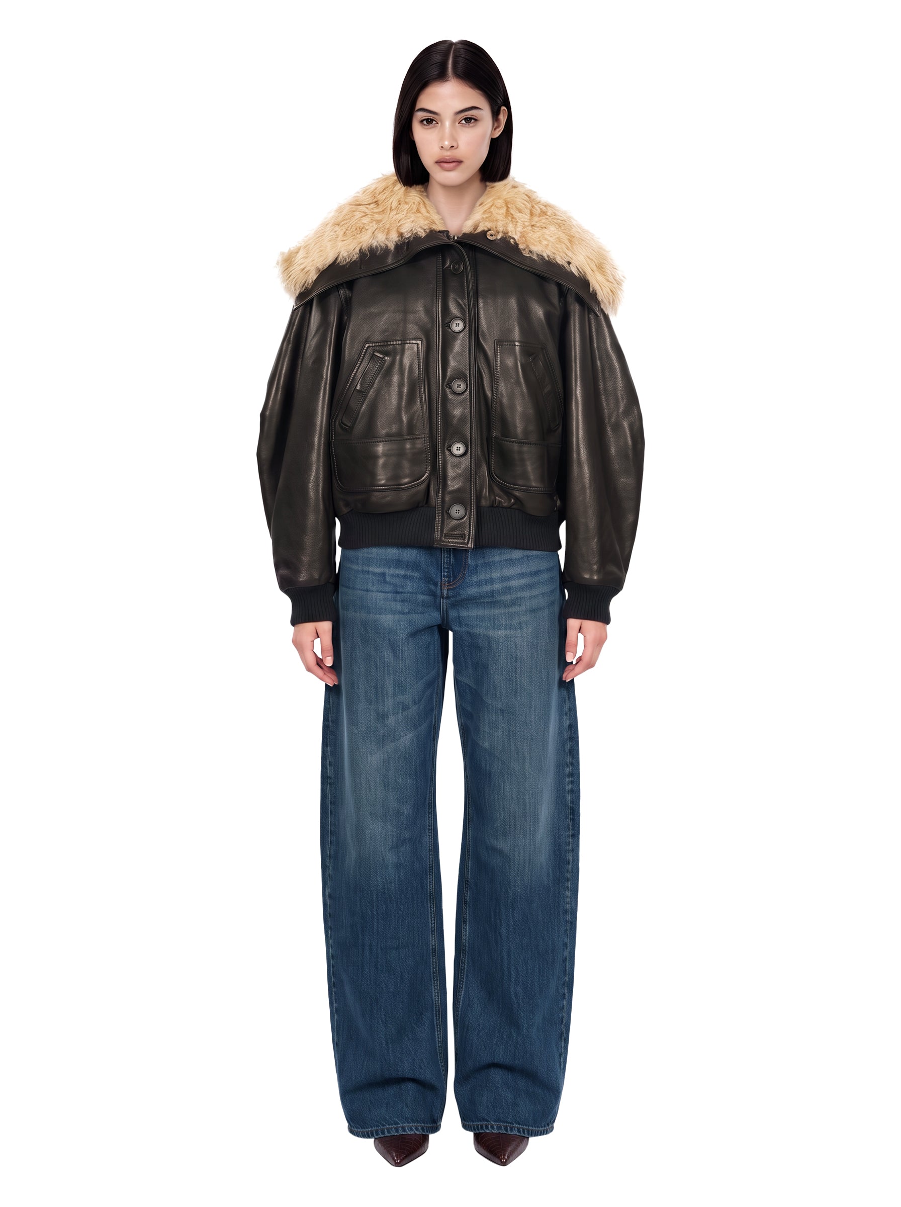 Bomber in pelle lucida marrone 