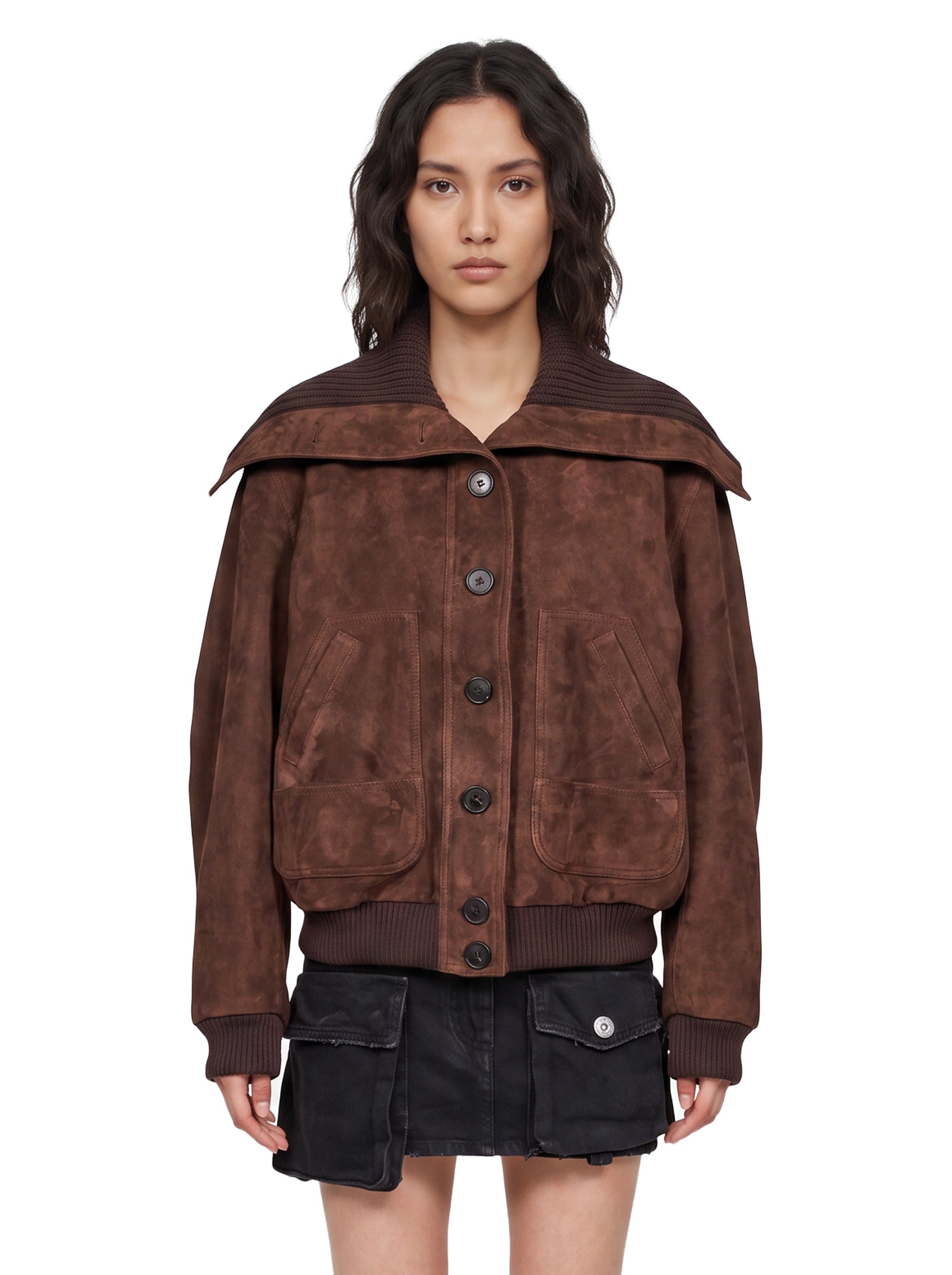 Bomber con tasche in suede in marrone 