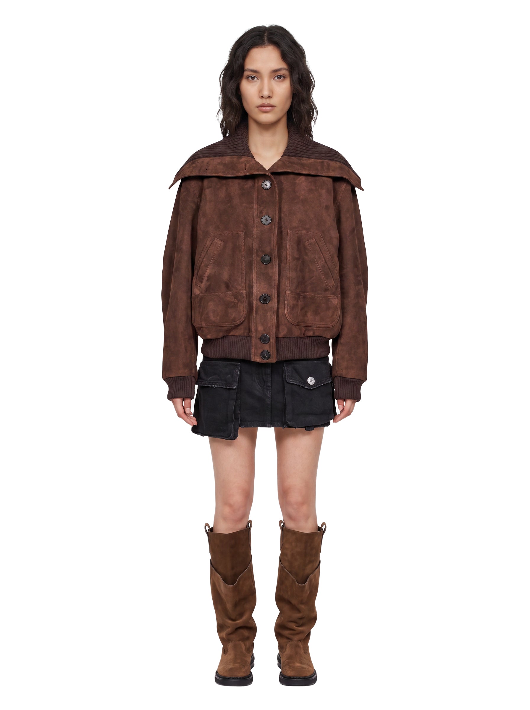 Bomber con tasche in suede in marrone 