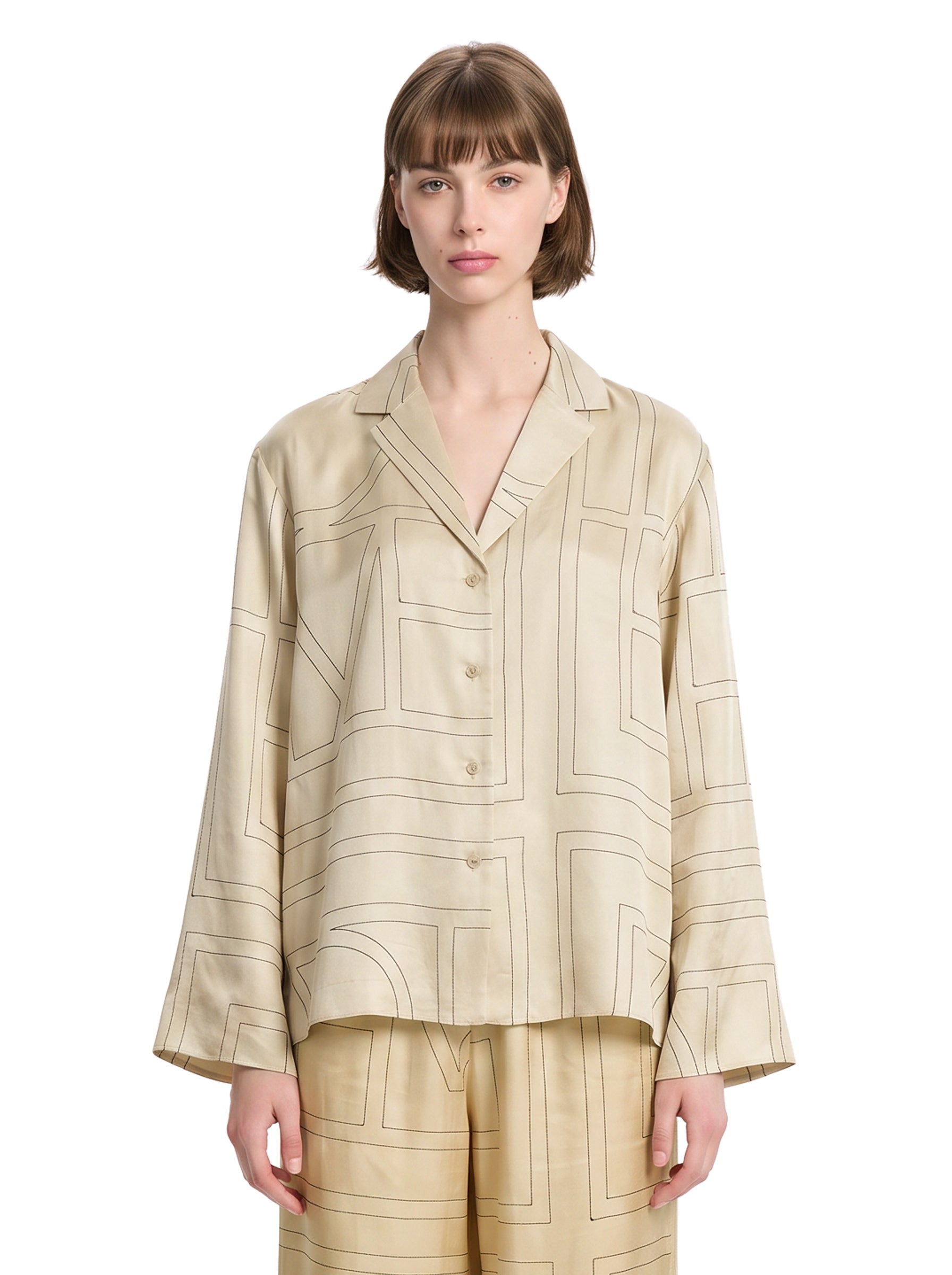 Camicia con monogramma in seta beige 