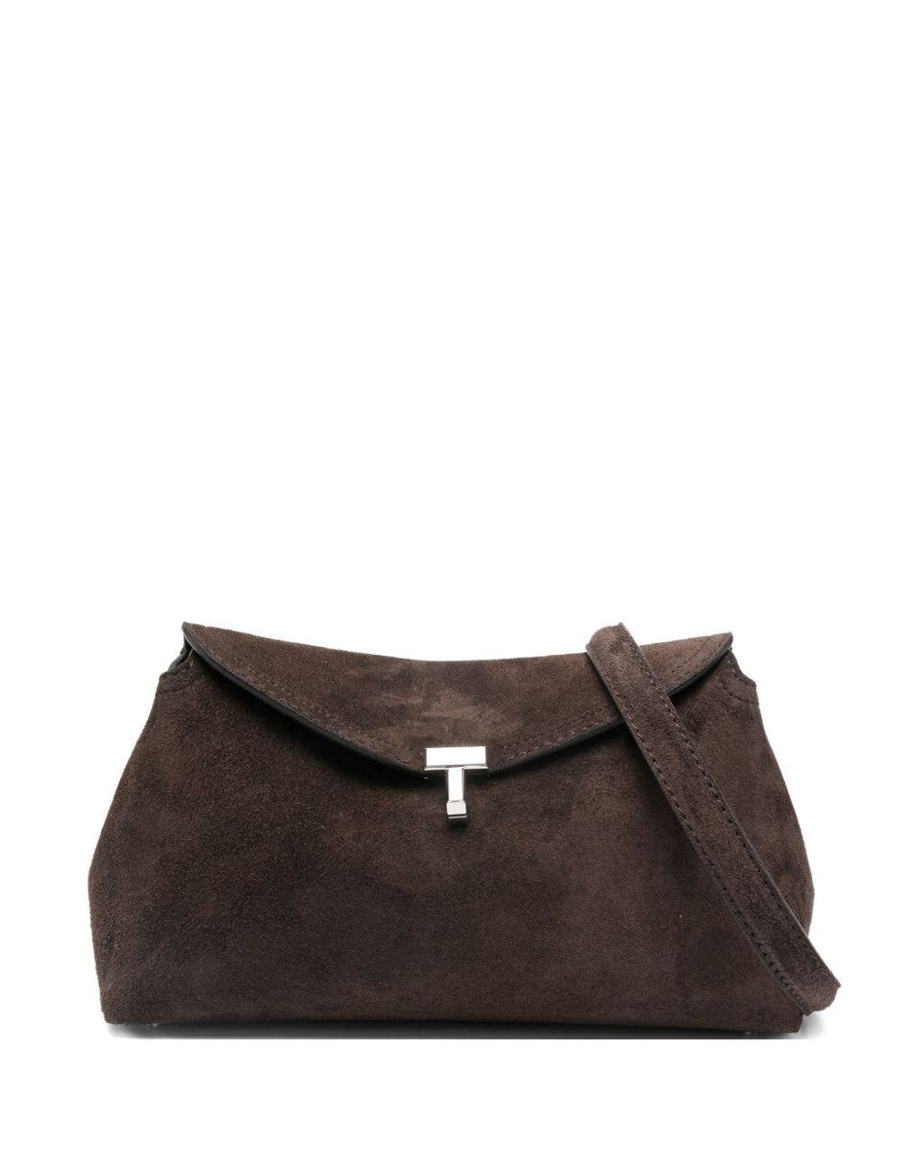 Clutch in suede con chiusura a T in marrone 