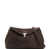 Clutch in suede con chiusura a T in marrone 