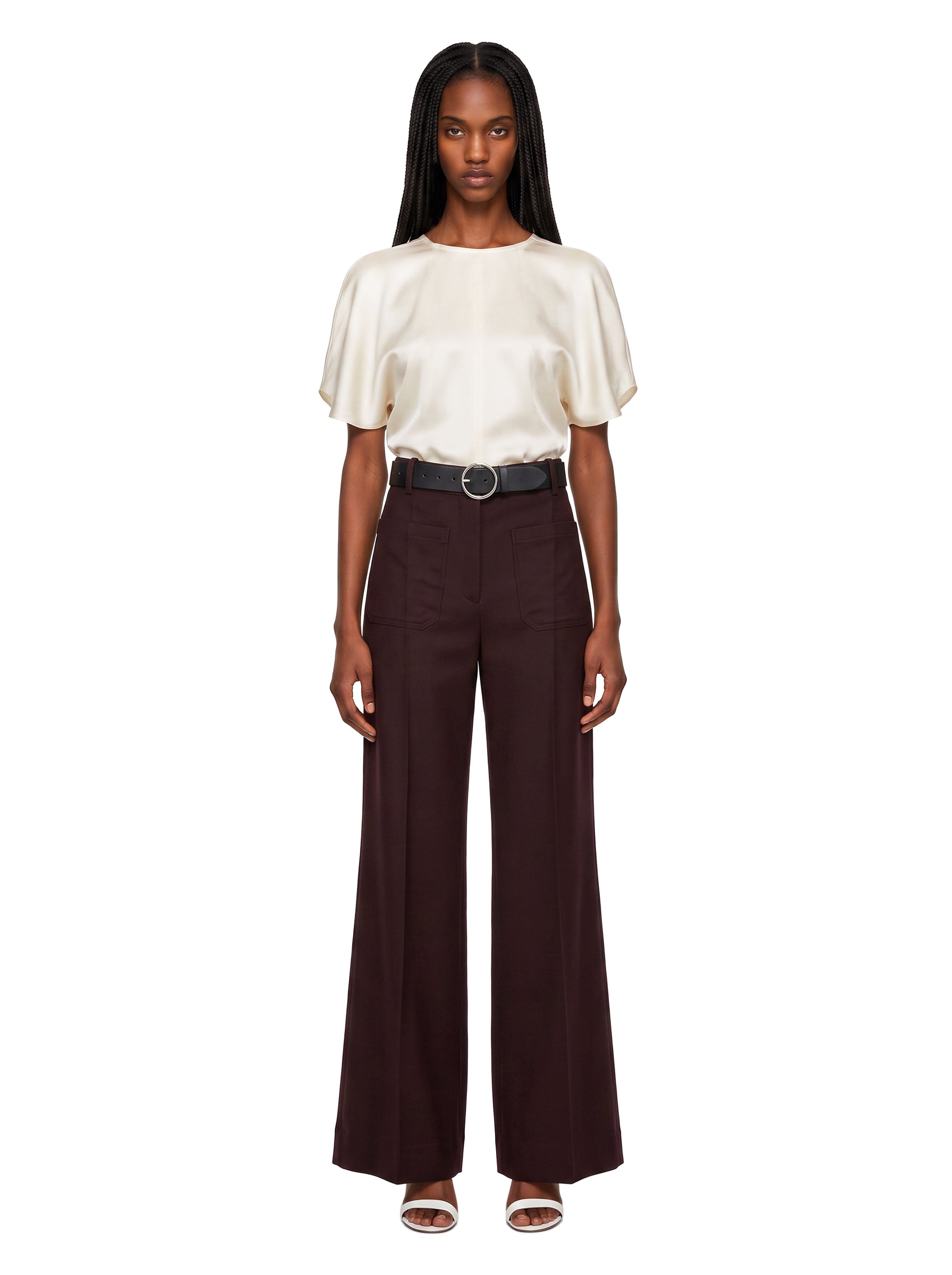 Pantaloni Alina in lana vergine flared in bordeaux 