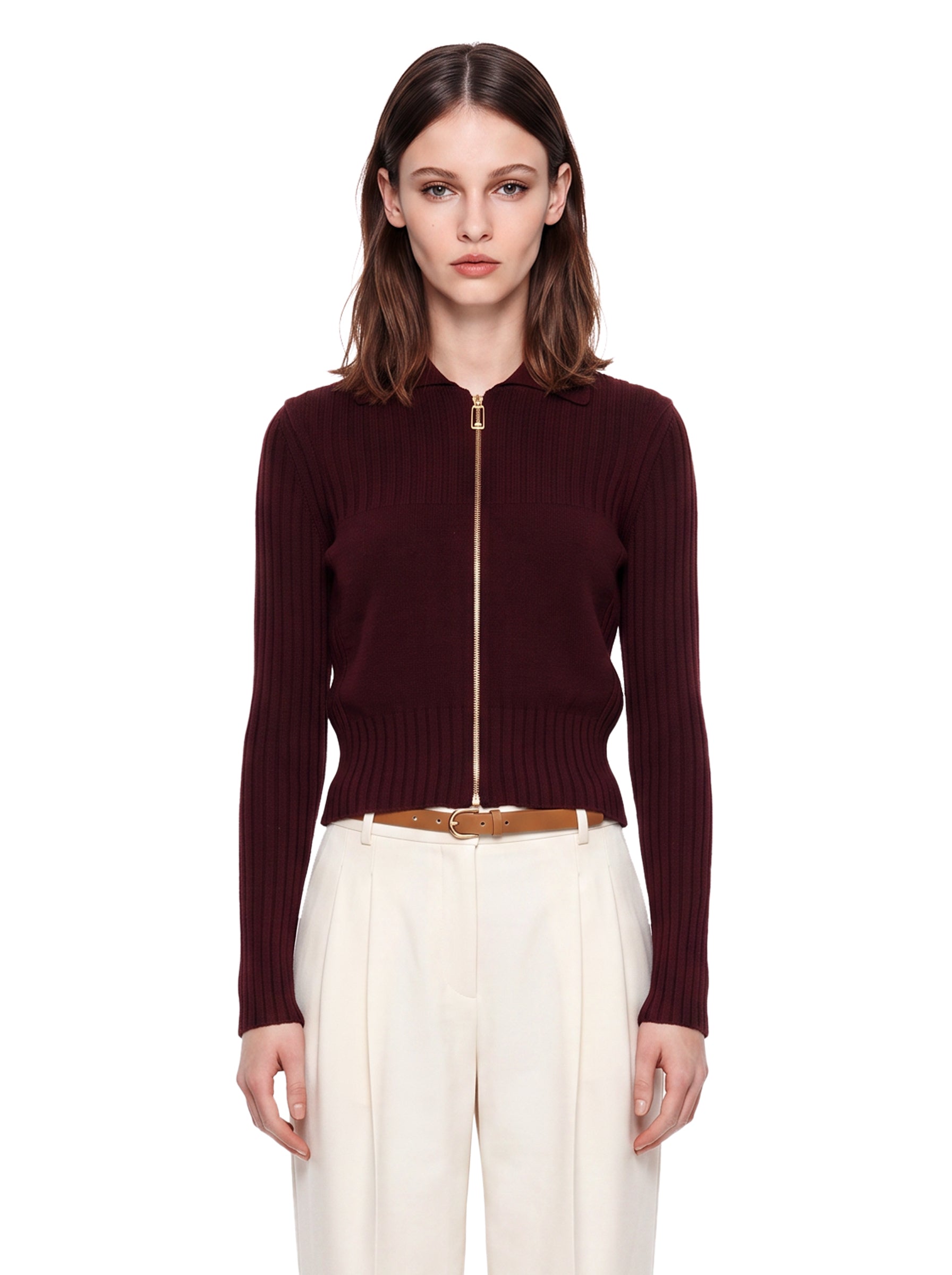 Maglione a coste con zip in bordeaux 
