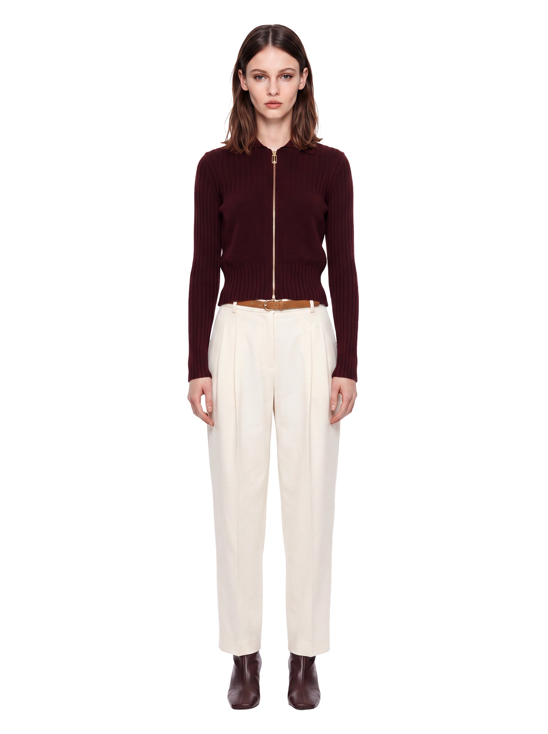 Maglione a coste con zip in bordeaux 