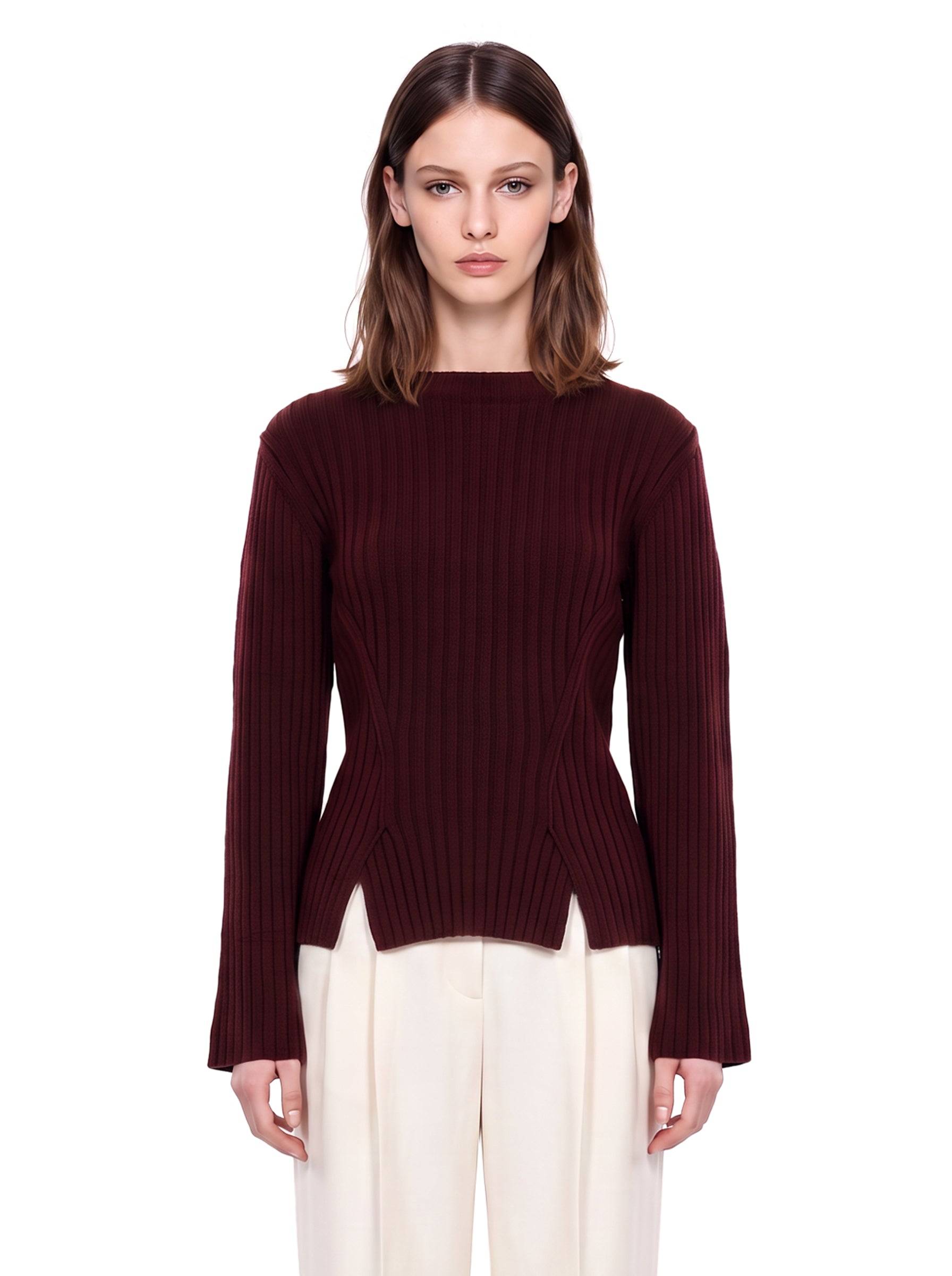 Maglione in lana e cashmere a coste in bordeaux 