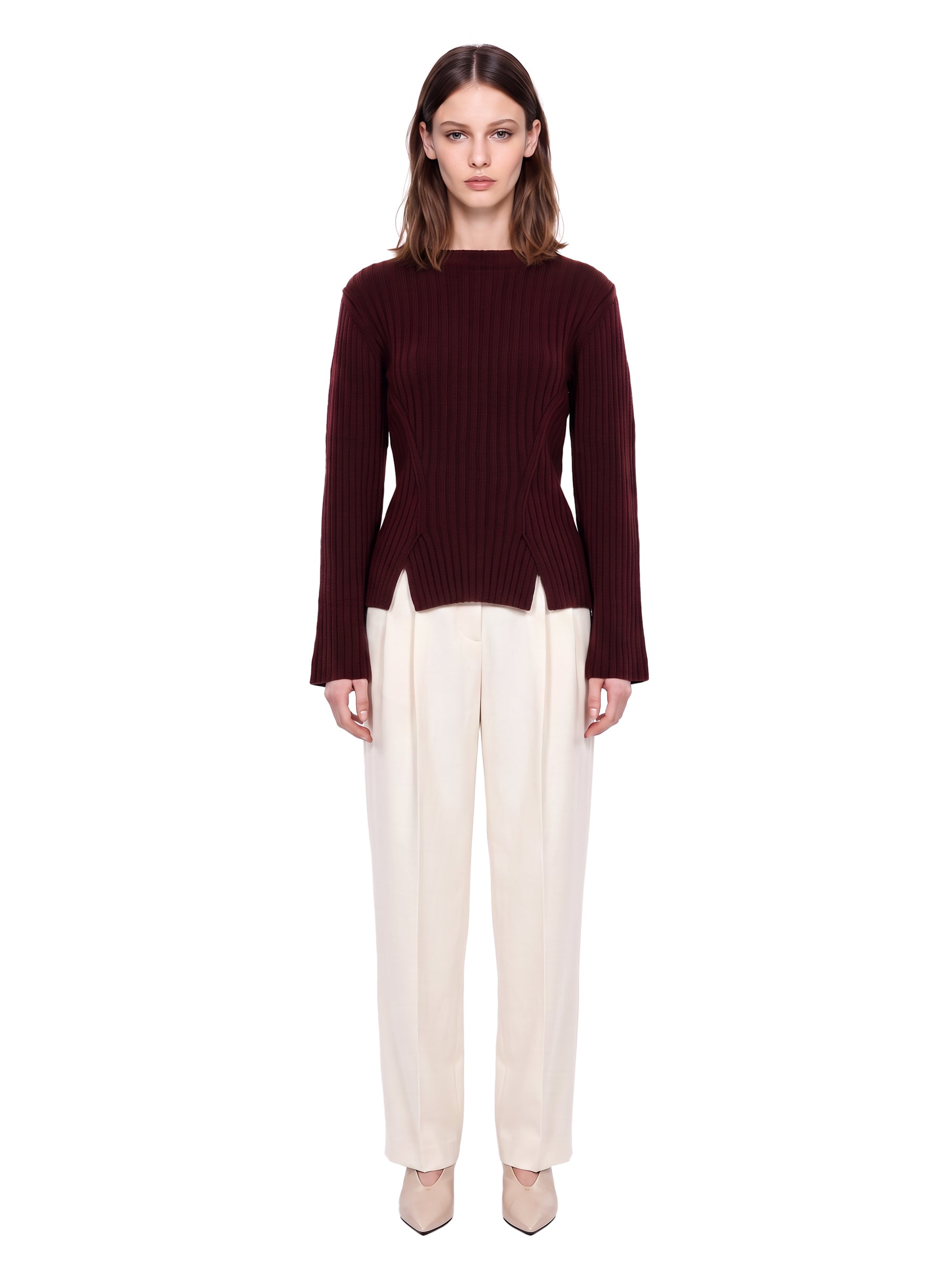 Maglione in lana e cashmere a coste in bordeaux 