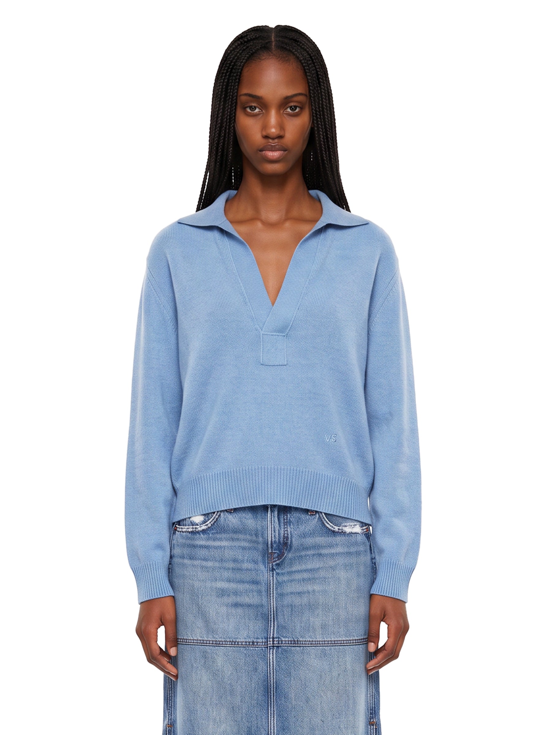 Maglione con colletto stile polo in misto lana in celeste 
