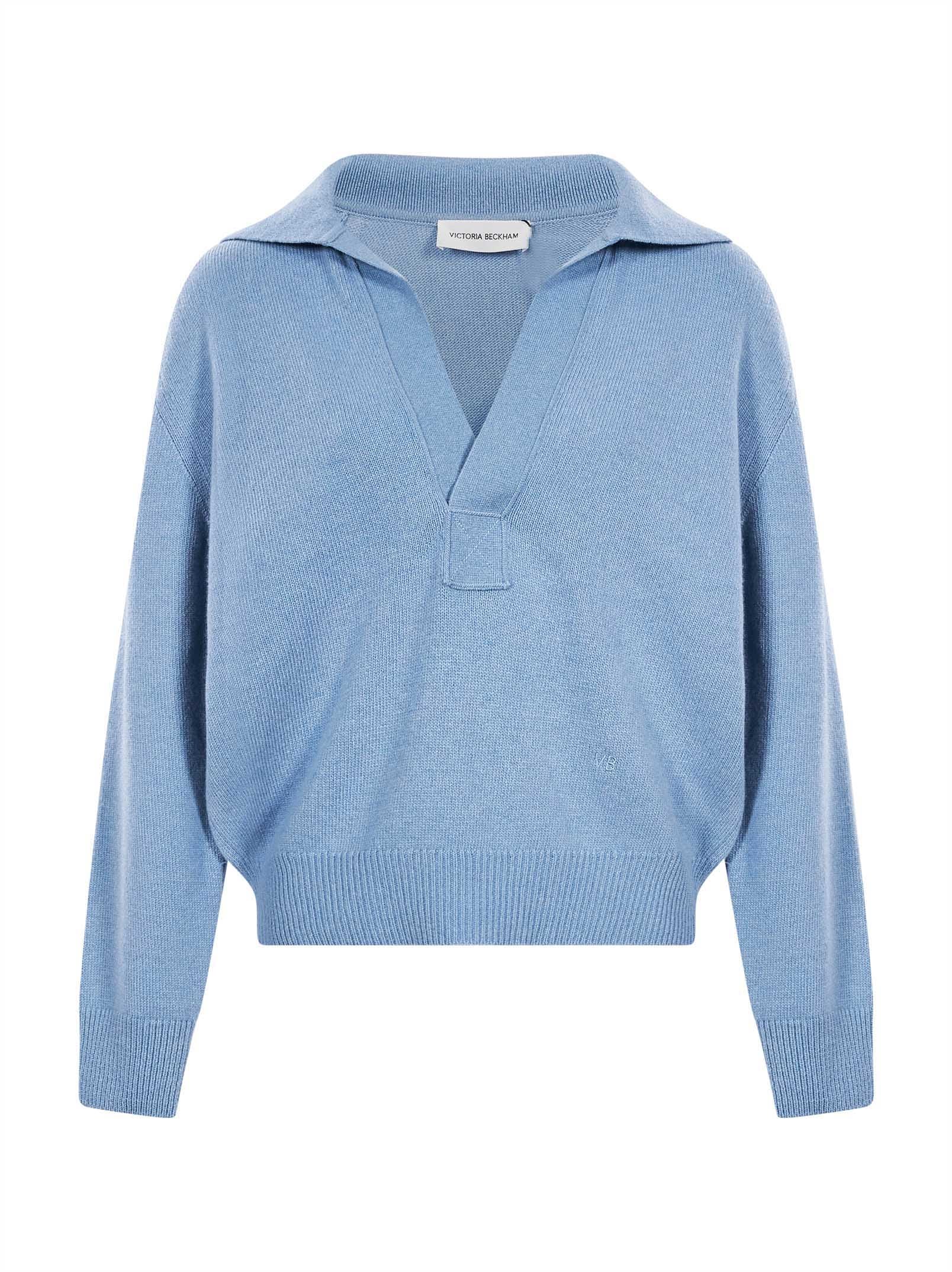 Maglione con colletto stile polo in misto lana in celeste 