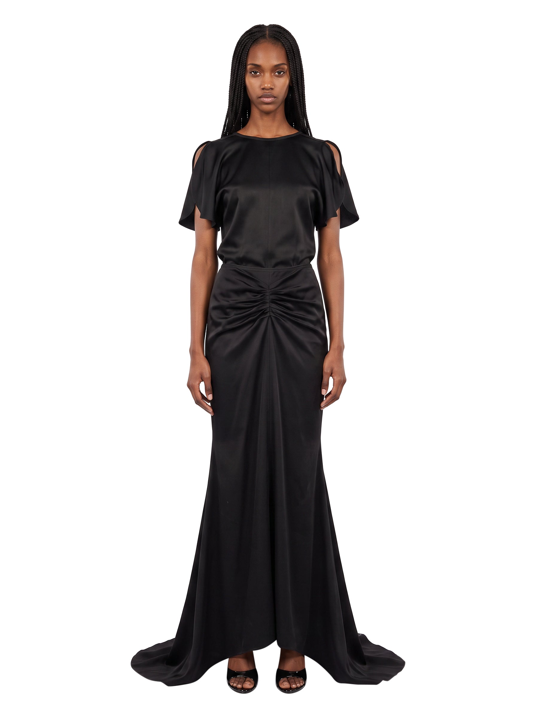 Gonna lunga in raso con drapeggio Isabella in nero 