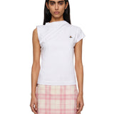 Top asimmetrico con logo in bianco 