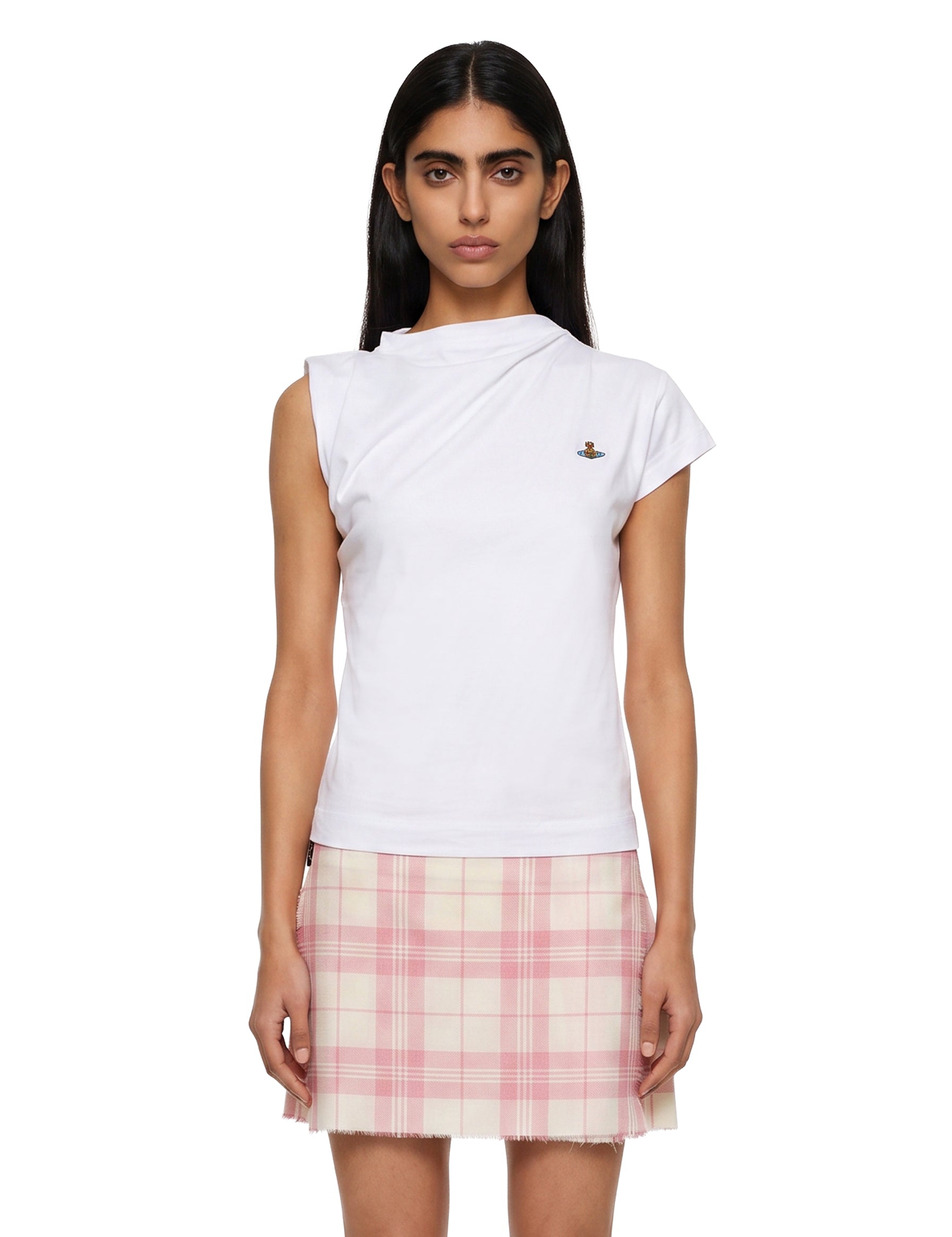 Top asimmetrico con logo in bianco 