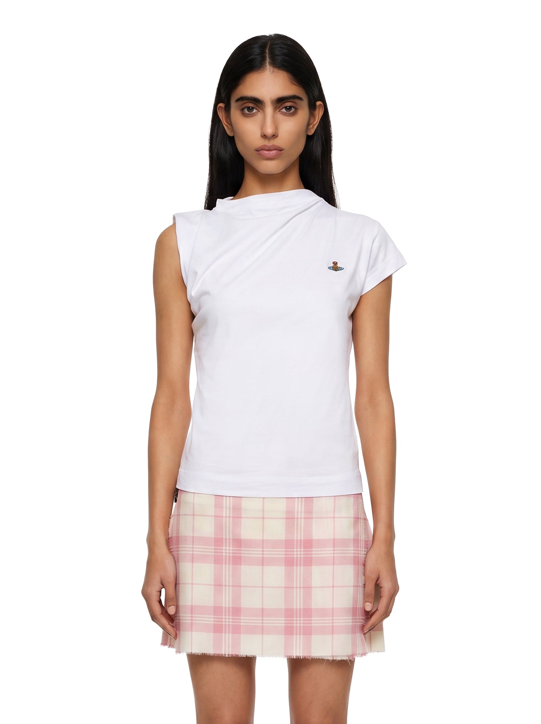 Top asimmetrico con logo in bianco 