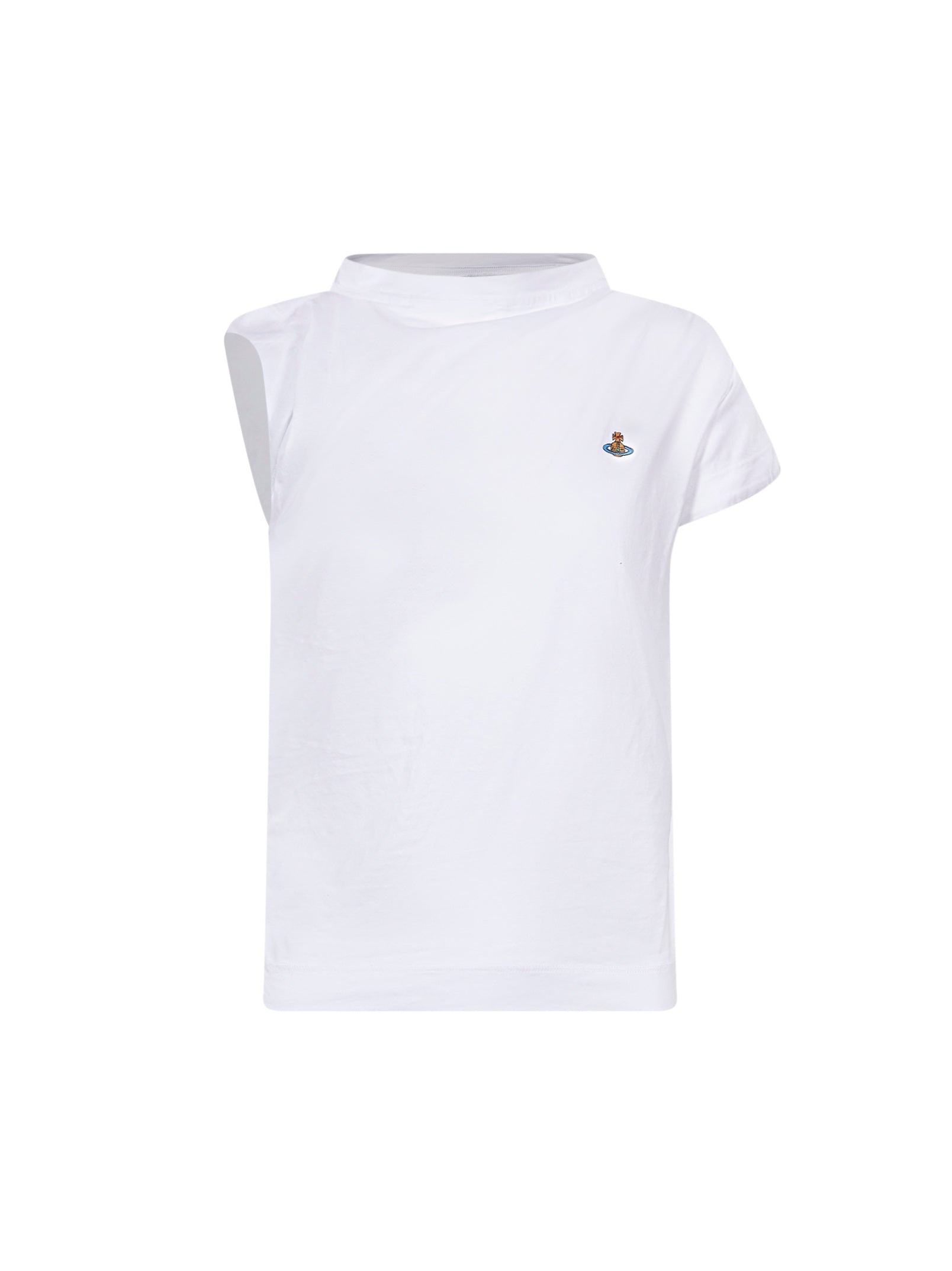 Top asimmetrico con logo in bianco 