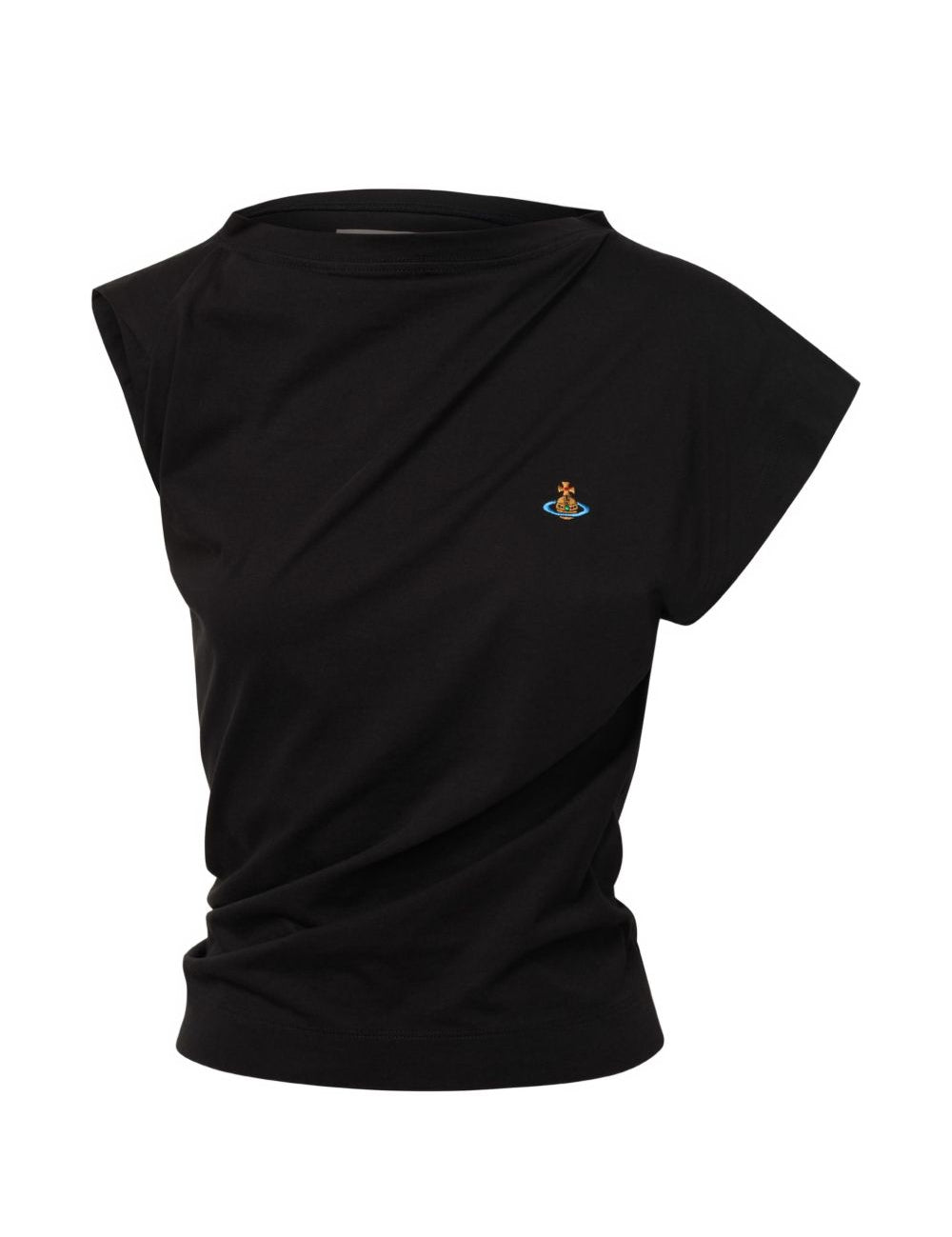 Top asimmetrico con logo in nero 