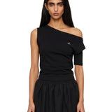 Top asimmetrico con logo in nero 